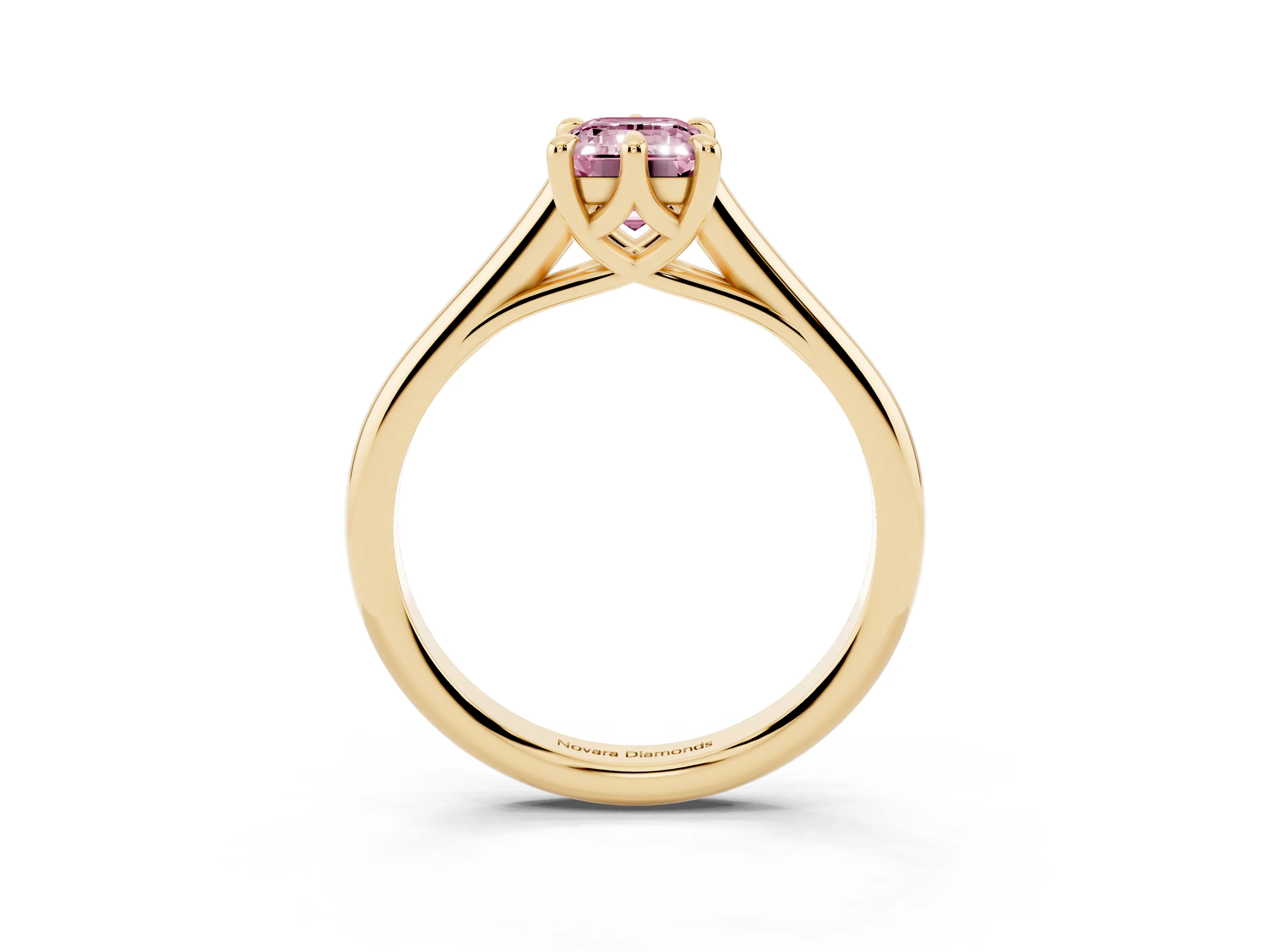 Fancy Pink Emerald Cut Diamond Solitaire Engagement Ring Set in Yellow gold with Prong Setting and Plain Classic Band