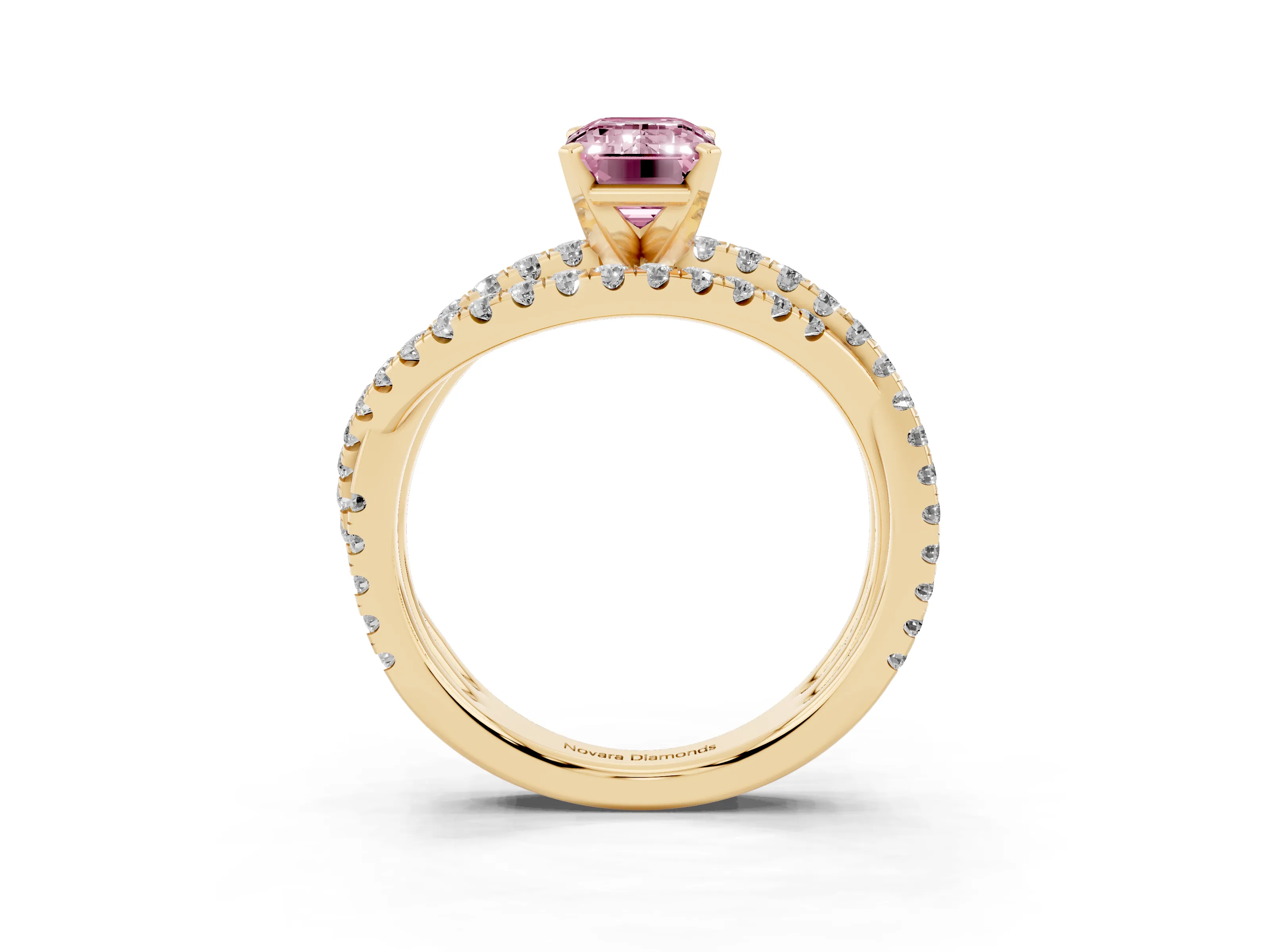 Fancy Pink Emerald Cut Diamond Solitaire Twist Band Ring Set in Yellow gold with Pavé Setting and Prong Head