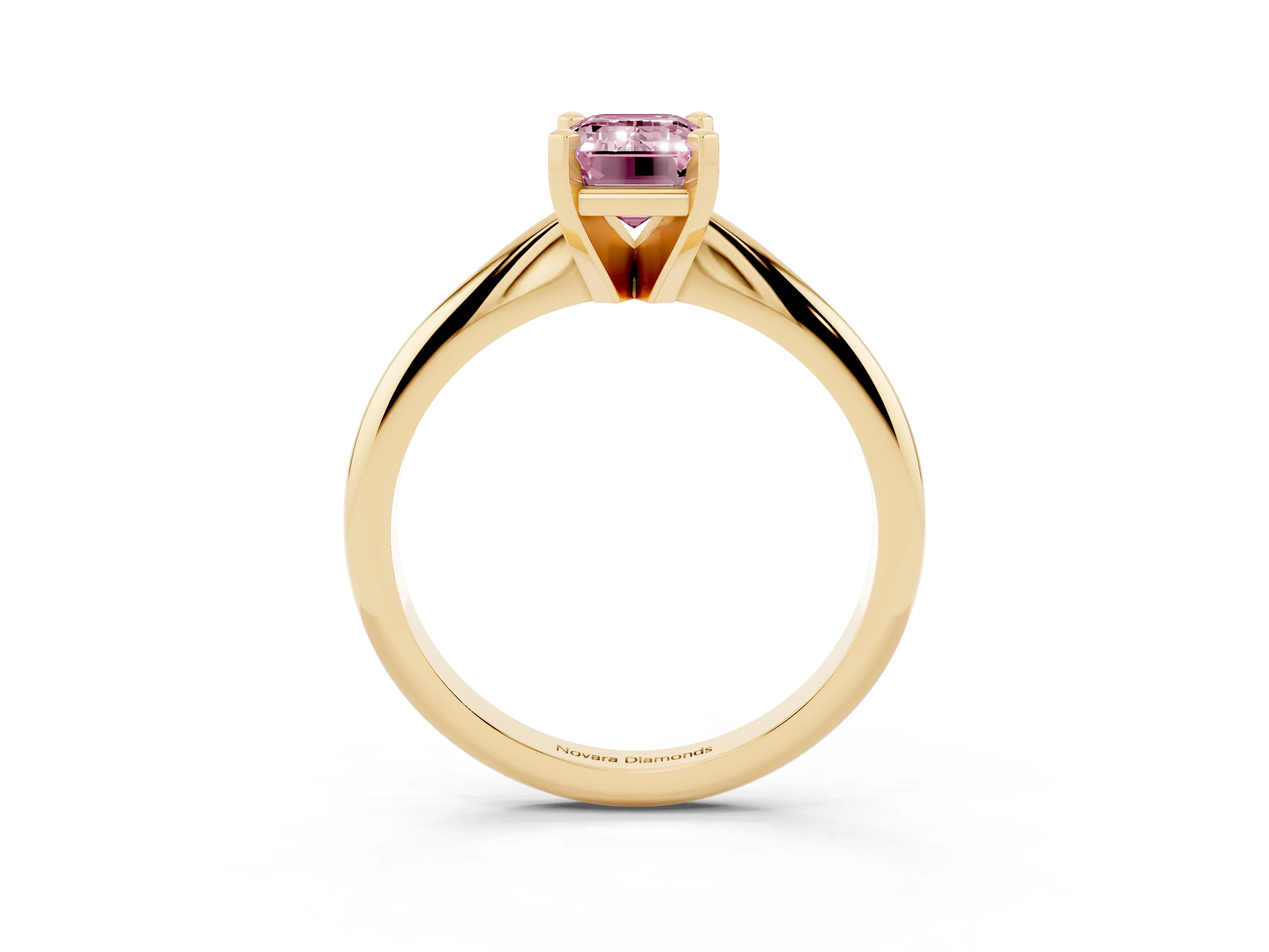 Fancy Pink Emerald Cut Diamond Solitaire Ring Set in Yellow gold with Prong Setting on a Plain Round Band