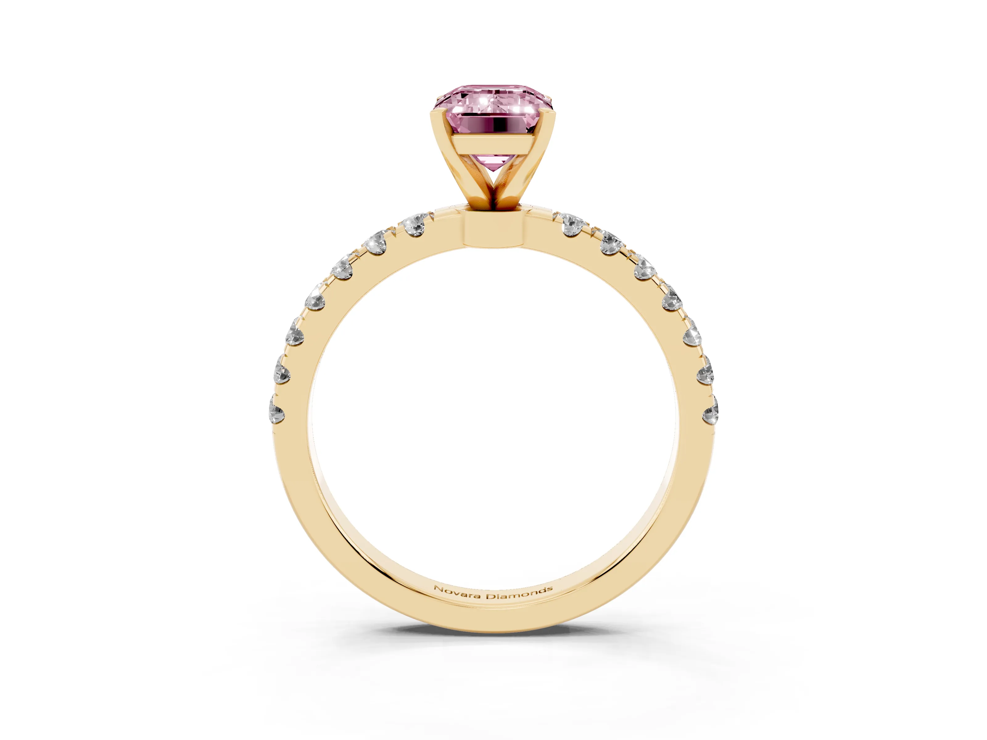 Fancy Pink Emerald Cut Diamond Solitaire Ring Set in Yellow gold with Pavé Accents and Prong Setting