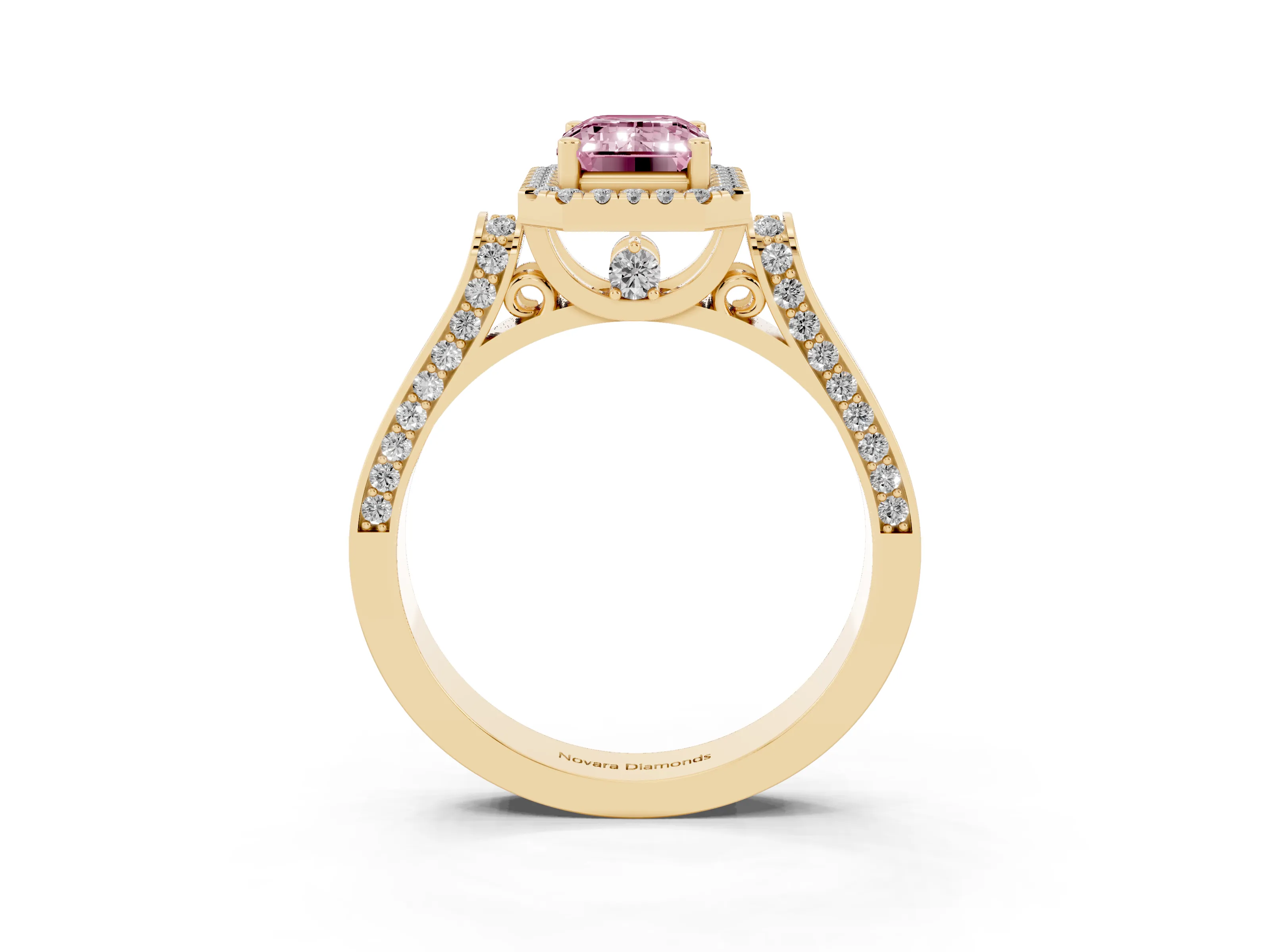 Fancy Pink Emerald Cut Diamond Halo Ring Set in Yellow gold with Pavé-Lined Split Shank Band