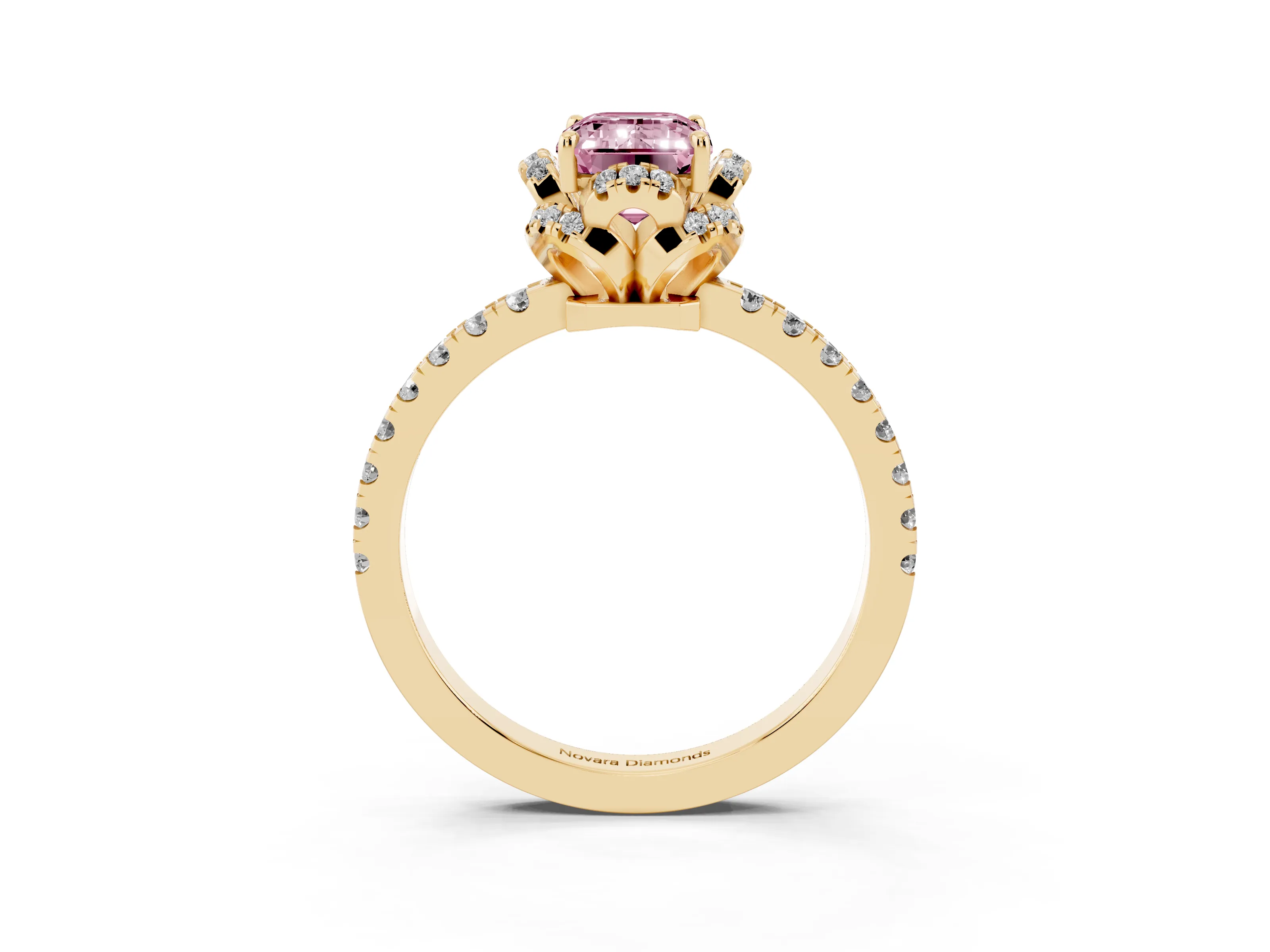 Fancy Pink Emerald Cut Diamond Halo Pavé Band Ring Set in Yellow gold with Prong-Held Center