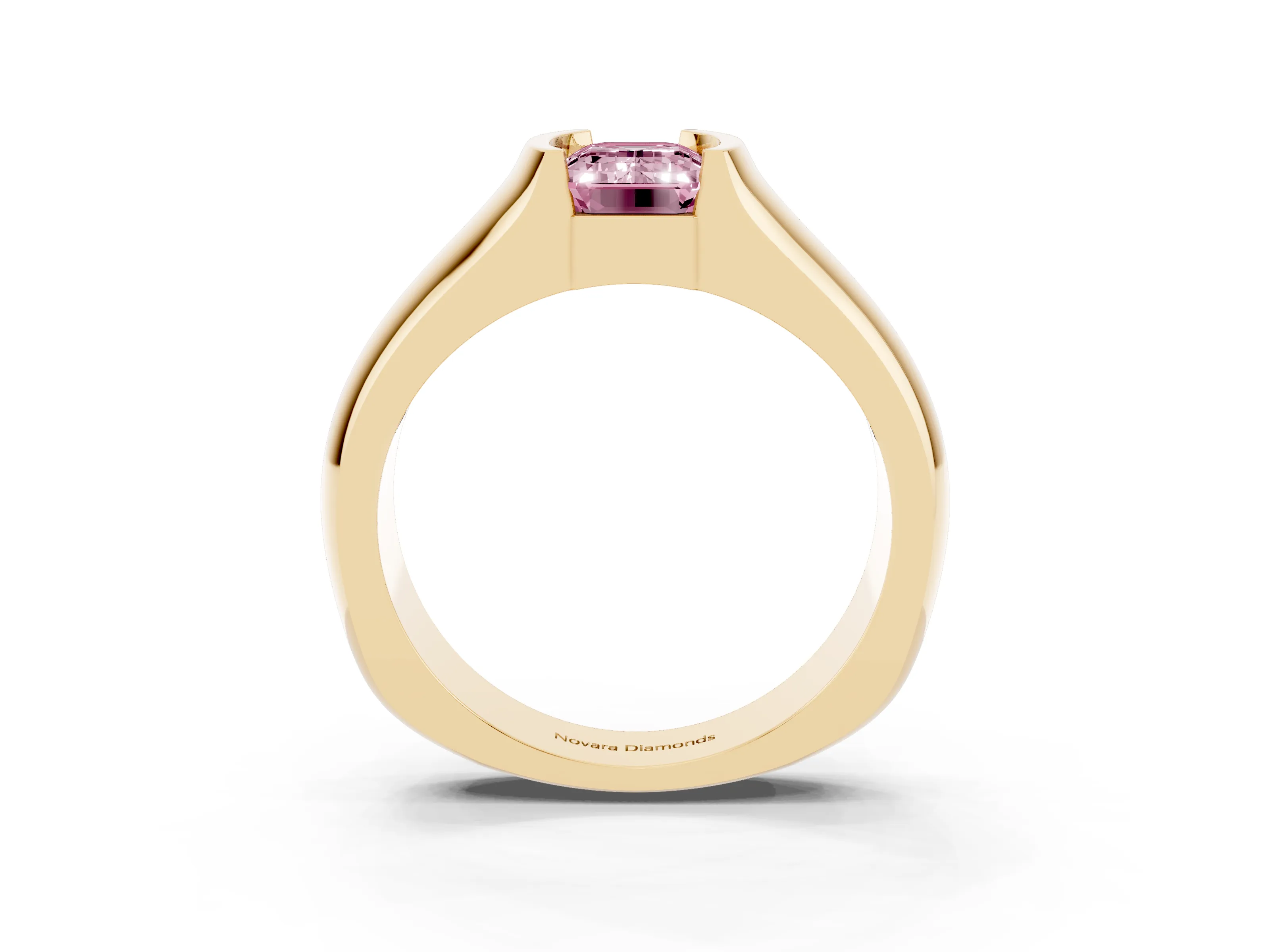 Fancy Pink Emerald Cut Diamond Bezel Solitaire Ring Set in Yellow gold with Wide Band