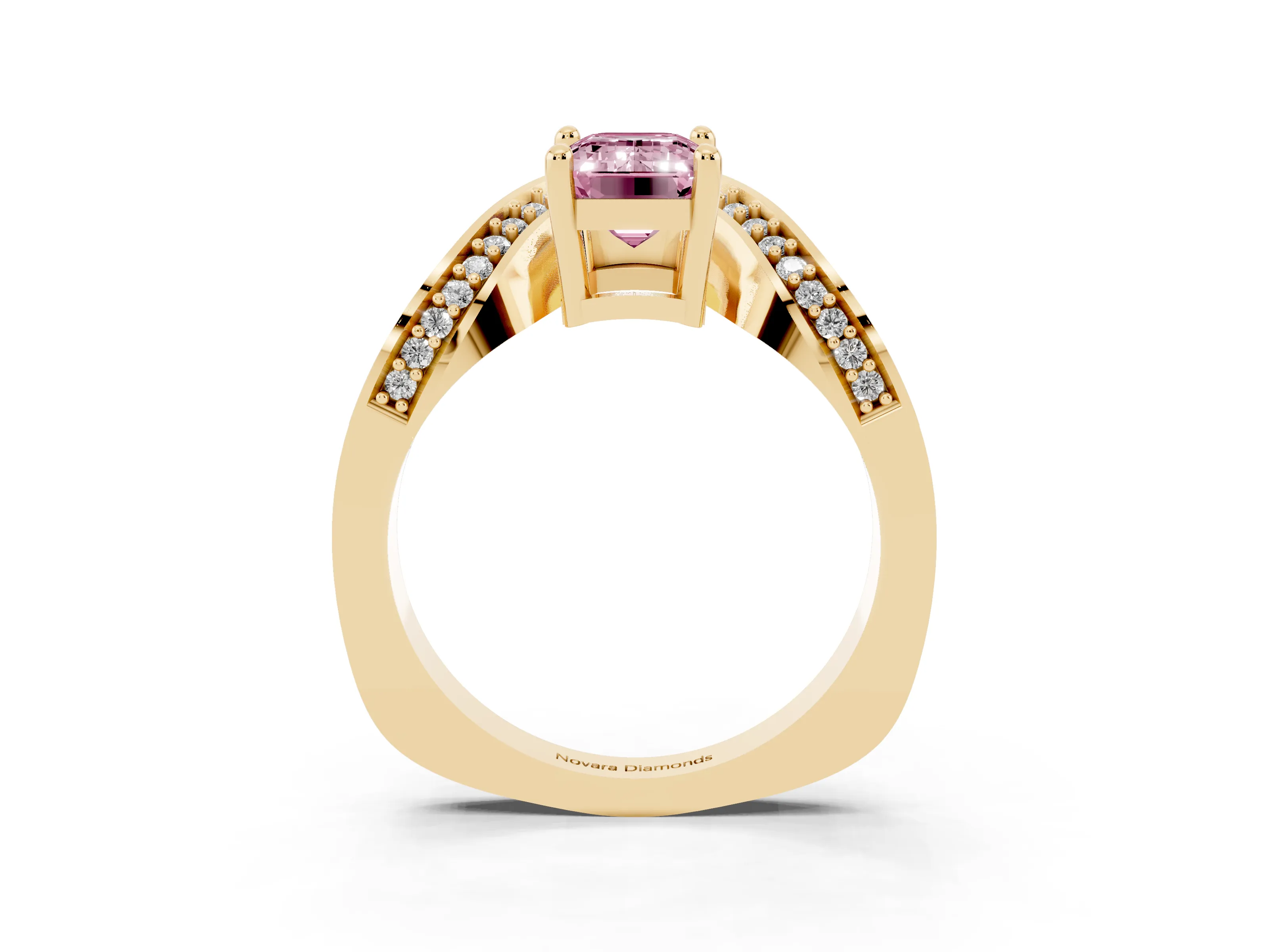 Fancy Pink Emerald Cut Diamond Solitaire Engagement Ring Set in Yellow gold with Pavé Shoulders