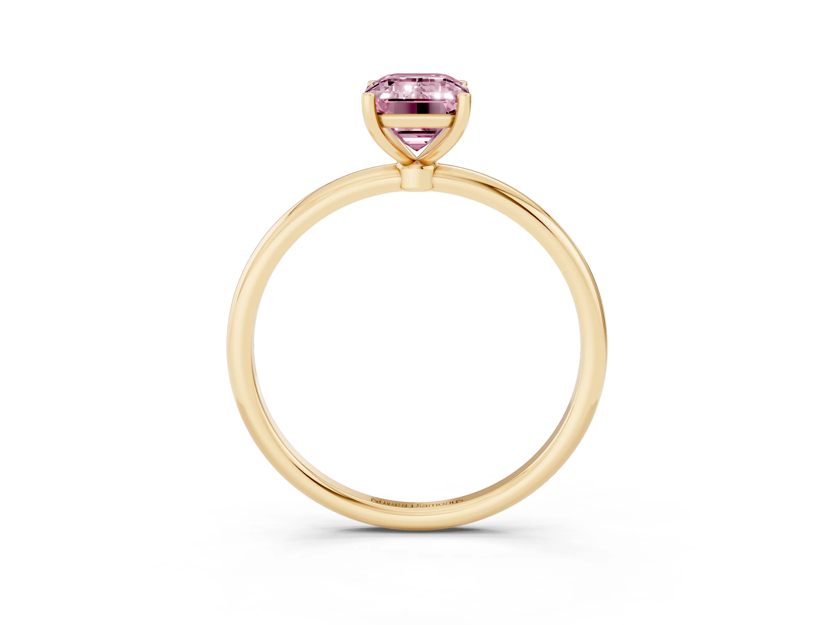 Fancy Pink Emerald Cut Diamond Solitaire Engagement Ring Set in Yellow gold with Thin Band and Prong Setting