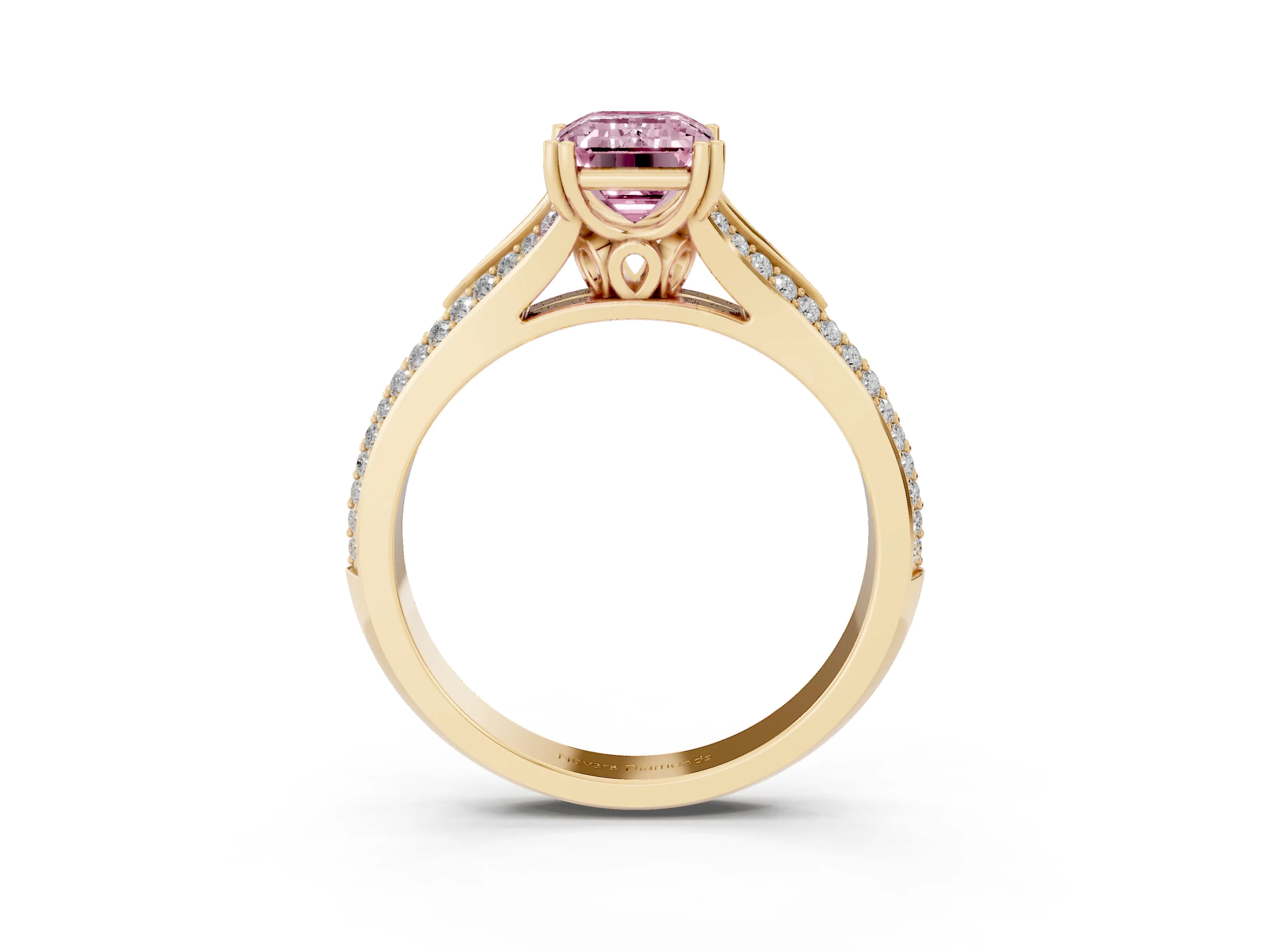 Fancy Pink Emerald Cut Diamond Split Shank Pavé Engagement Ring Set in Yellow gold with Prong-Set Center Stone