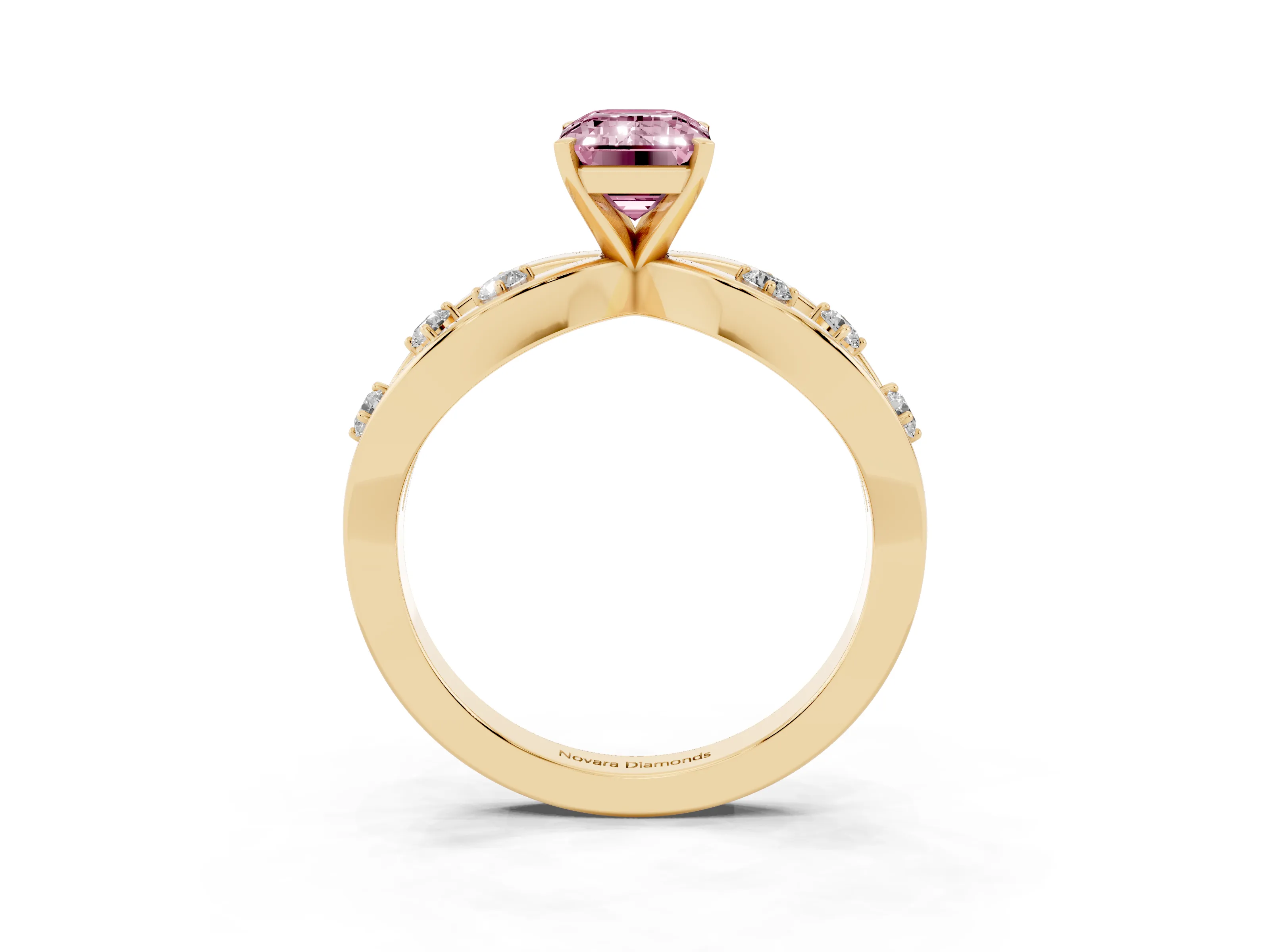 Fancy Pink Emerald Cut Diamond Solitaire Ring Set in Yellow gold with Side Stones on Criss-Cross Band and Prong Setting
