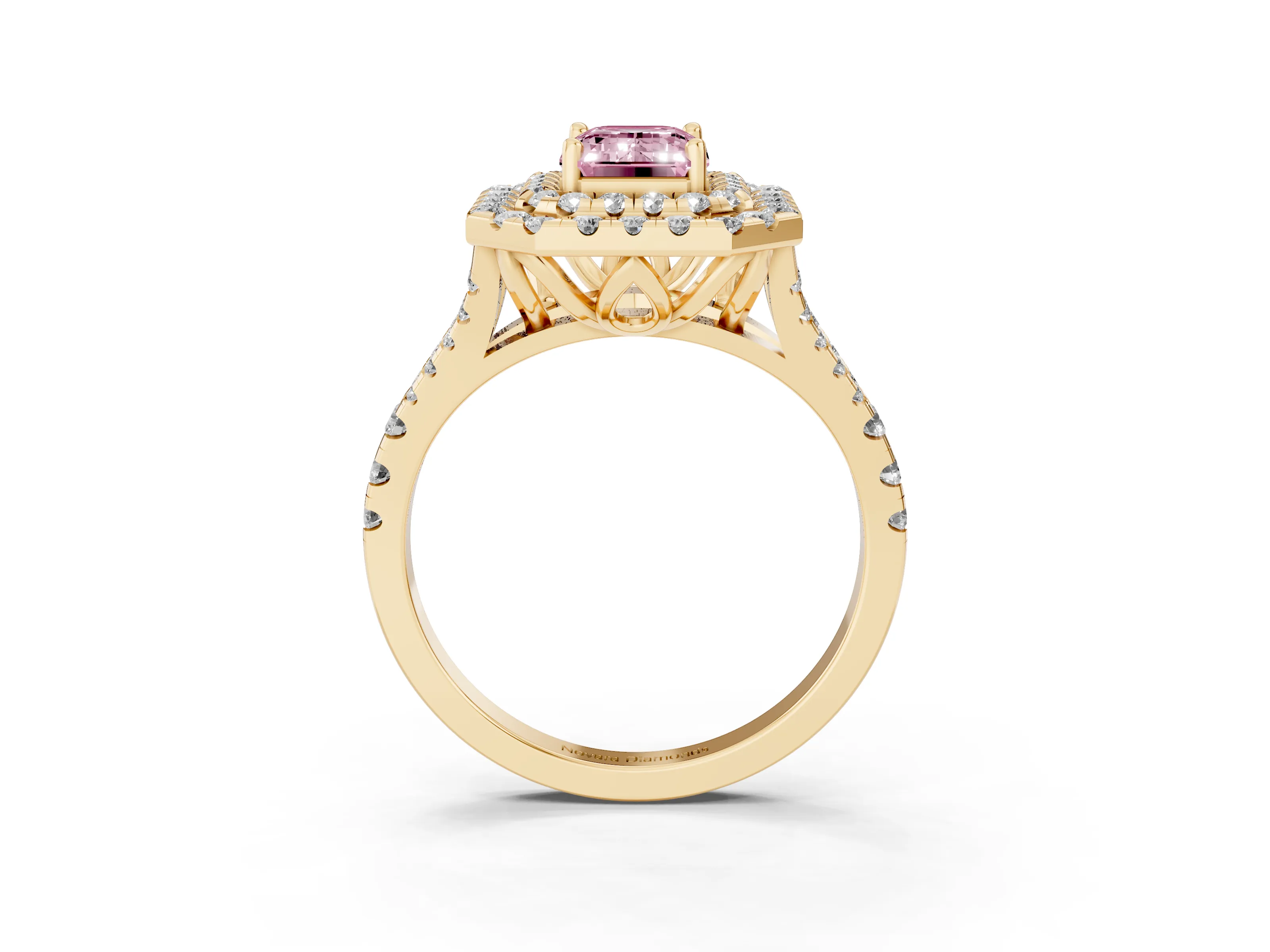 Fancy Pink Emerald Cut Diamond Double Halo Ring Set in Yellow gold with Pavé Split Shank and Prong Setting