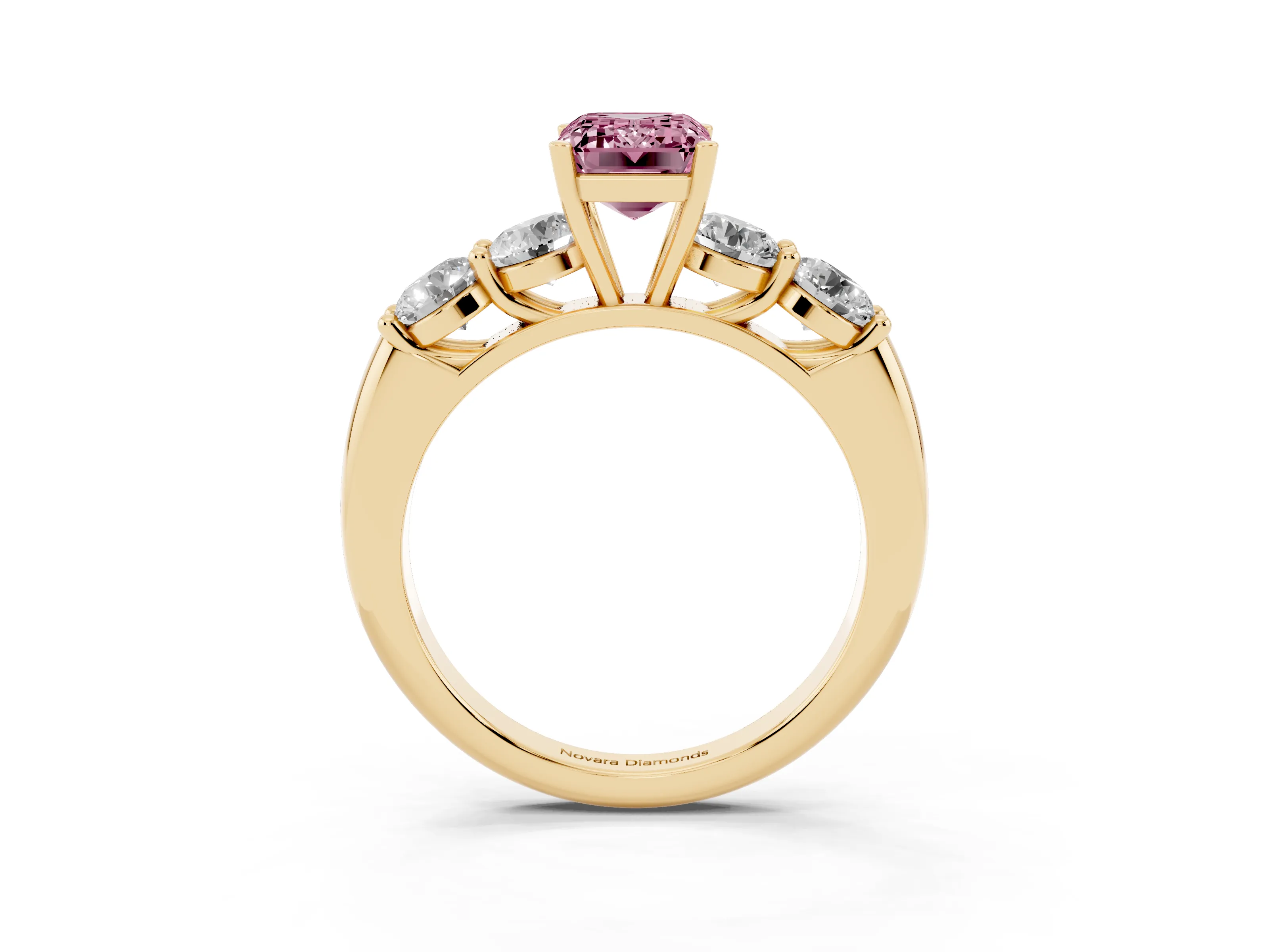 Fancy Pink Emerald Cut Diamond Five-Stone Prong Set Ring Set in Yellow gold with Classic Band