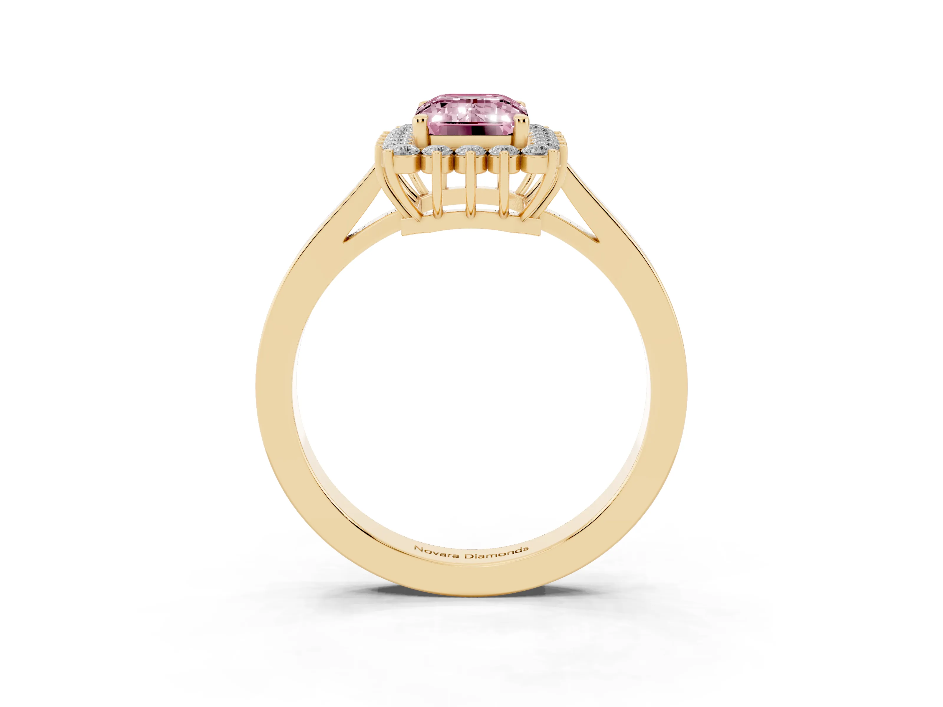 Fancy Pink Emerald Cut Diamond Halo Ring Set in Yellow gold with Round Halo and Smooth Solitaire Band