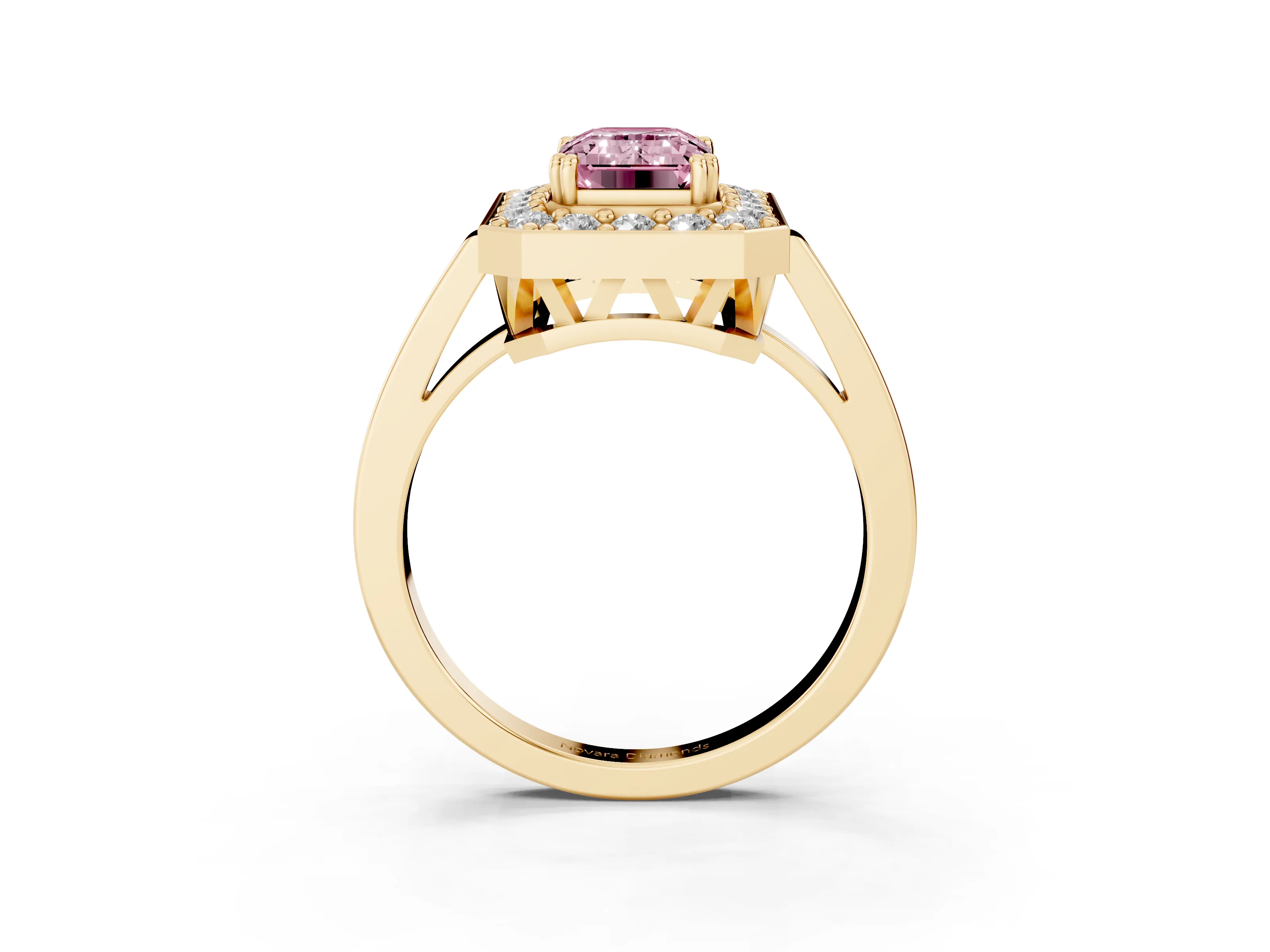 Fancy Pink Emerald Cut Diamond Halo Ring Set in Yellow gold with Accent-Lined Split Shank and Prong Setting