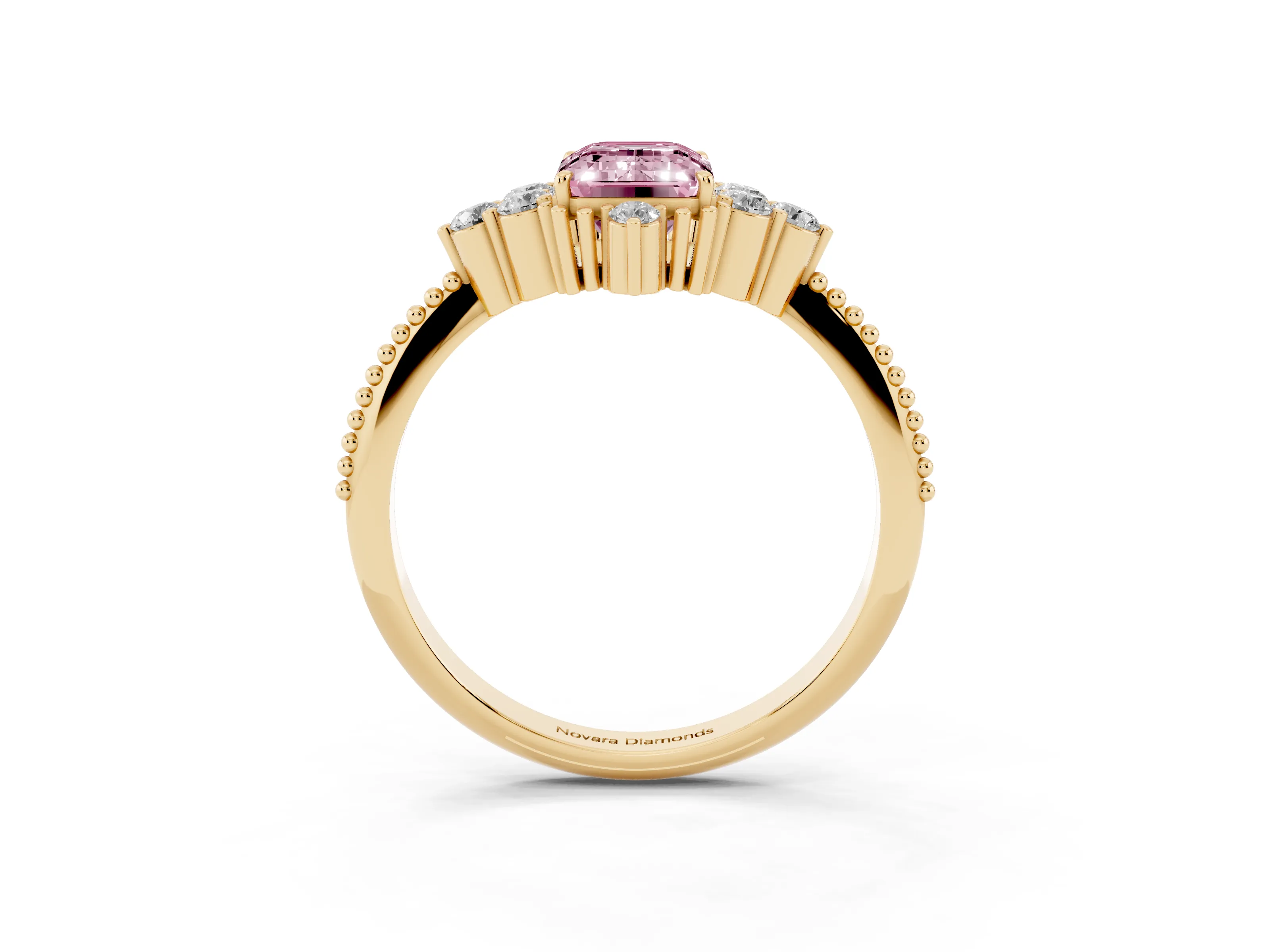 Fancy Pink Emerald Cut Diamond Cluster Ring Set in Yellow gold with Beaded Band