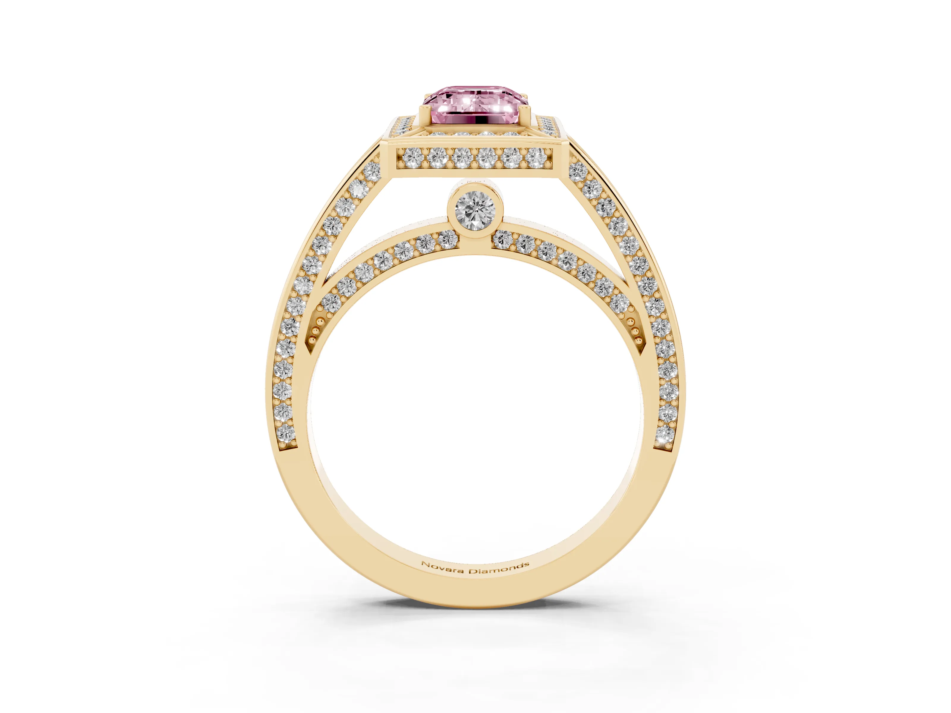 Fancy Pink Emerald Cut Diamond Halo Pavé Split Shank Ring Set in Yellow gold with Prong Setting