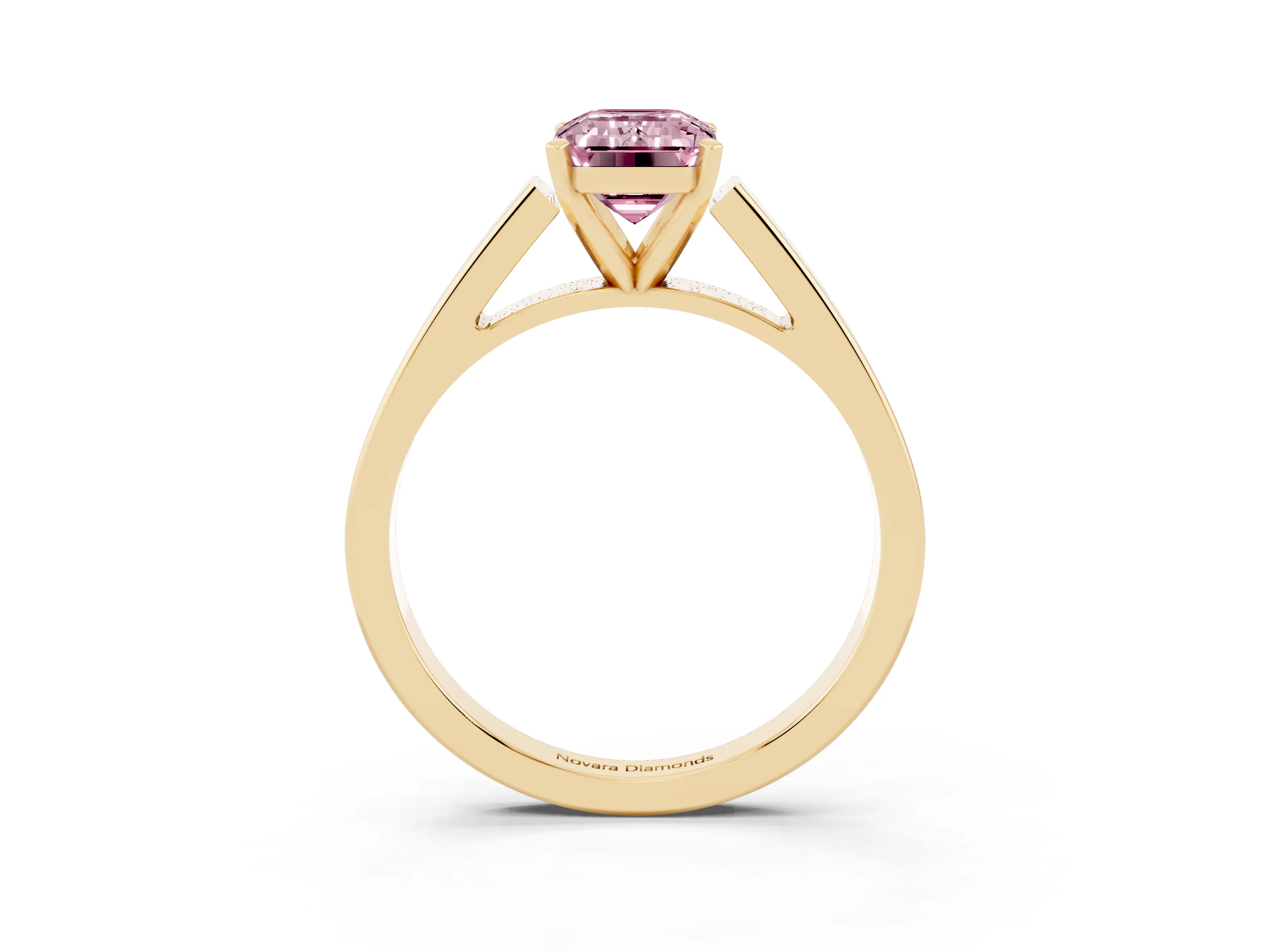 Fancy Pink Emerald Cut Diamond Solitaire Engagement Ring Set in Yellow gold with Prong Setting and Tapered Band