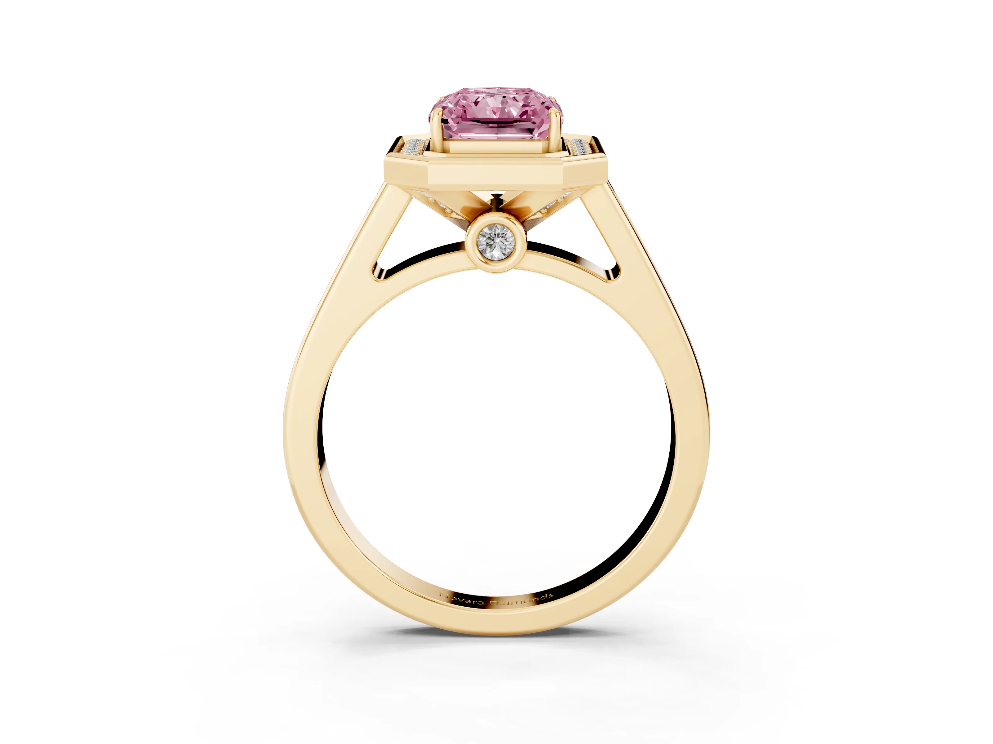 Fancy Pink Emerald Cut Diamond Halo Solitaire Ring Set in Yellow gold with Pavé Band and Bezel Setting