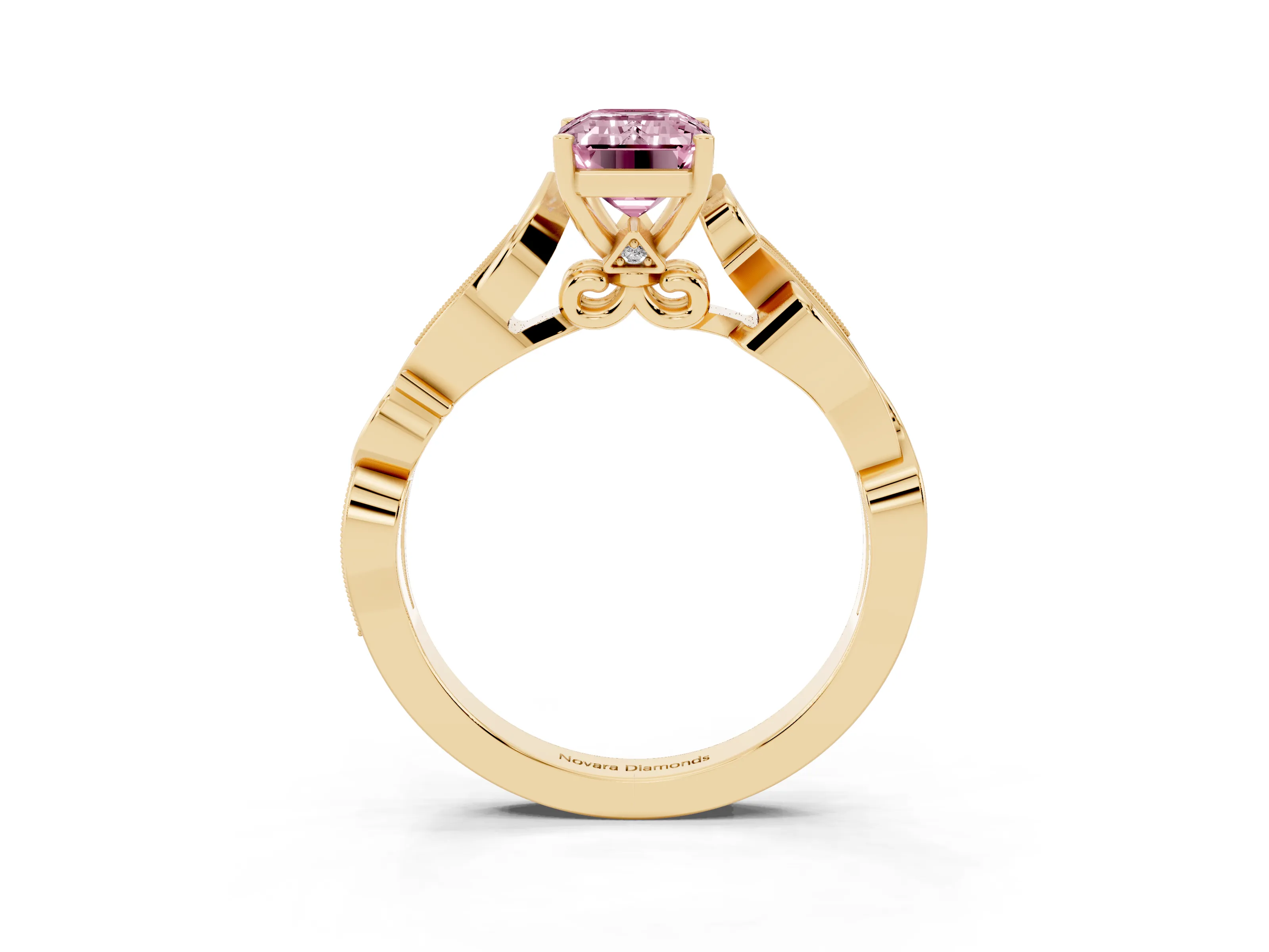 Fancy Pink Emerald Cut Diamond Vine Band Solitaire Ring Set in Yellow gold with Milgrain Prong Setting