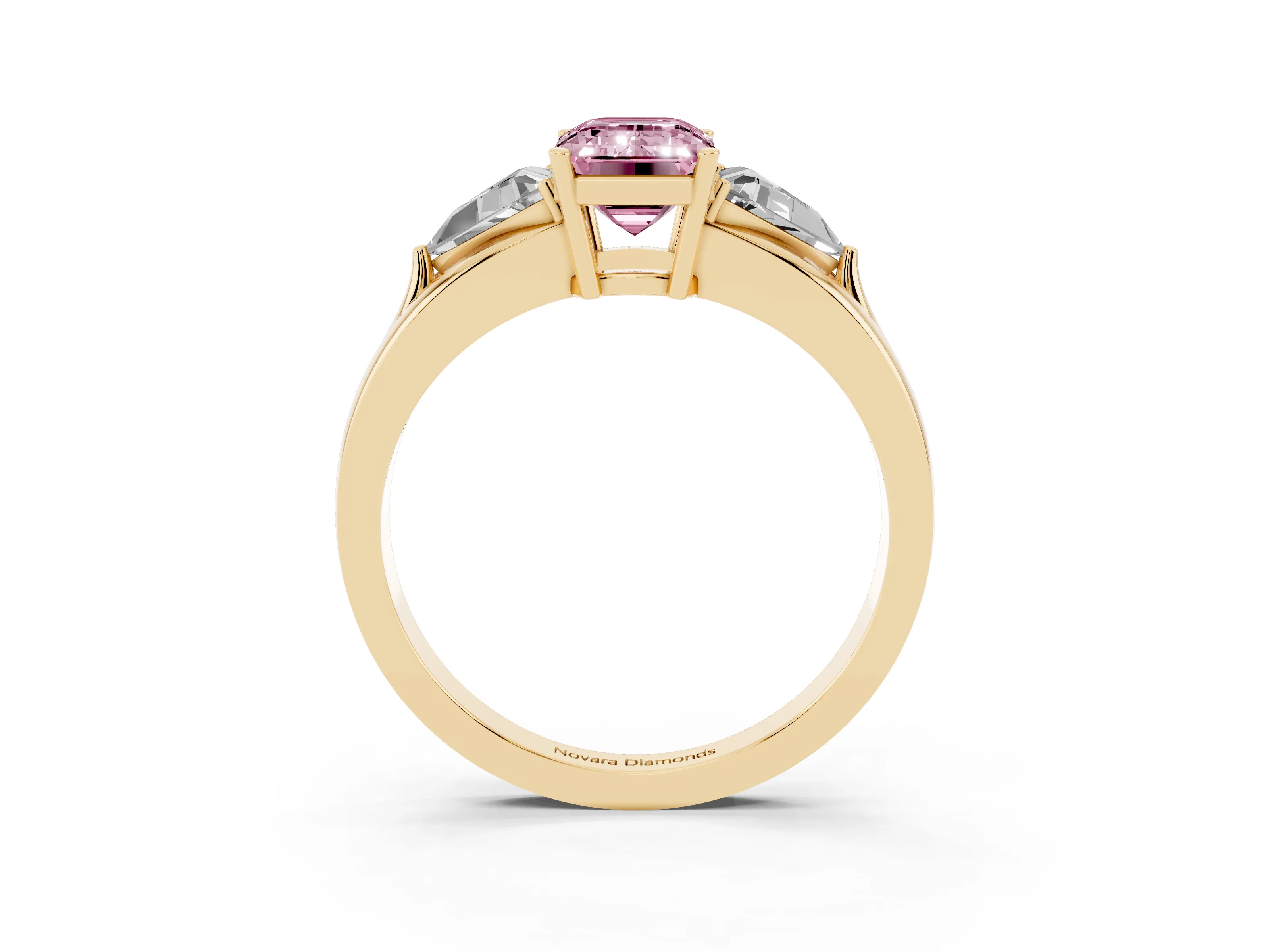 Fancy Pink Emerald Cut Diamond Three-Stone Ring Set in Yellow gold with Trillion Side Stones and Split Shank