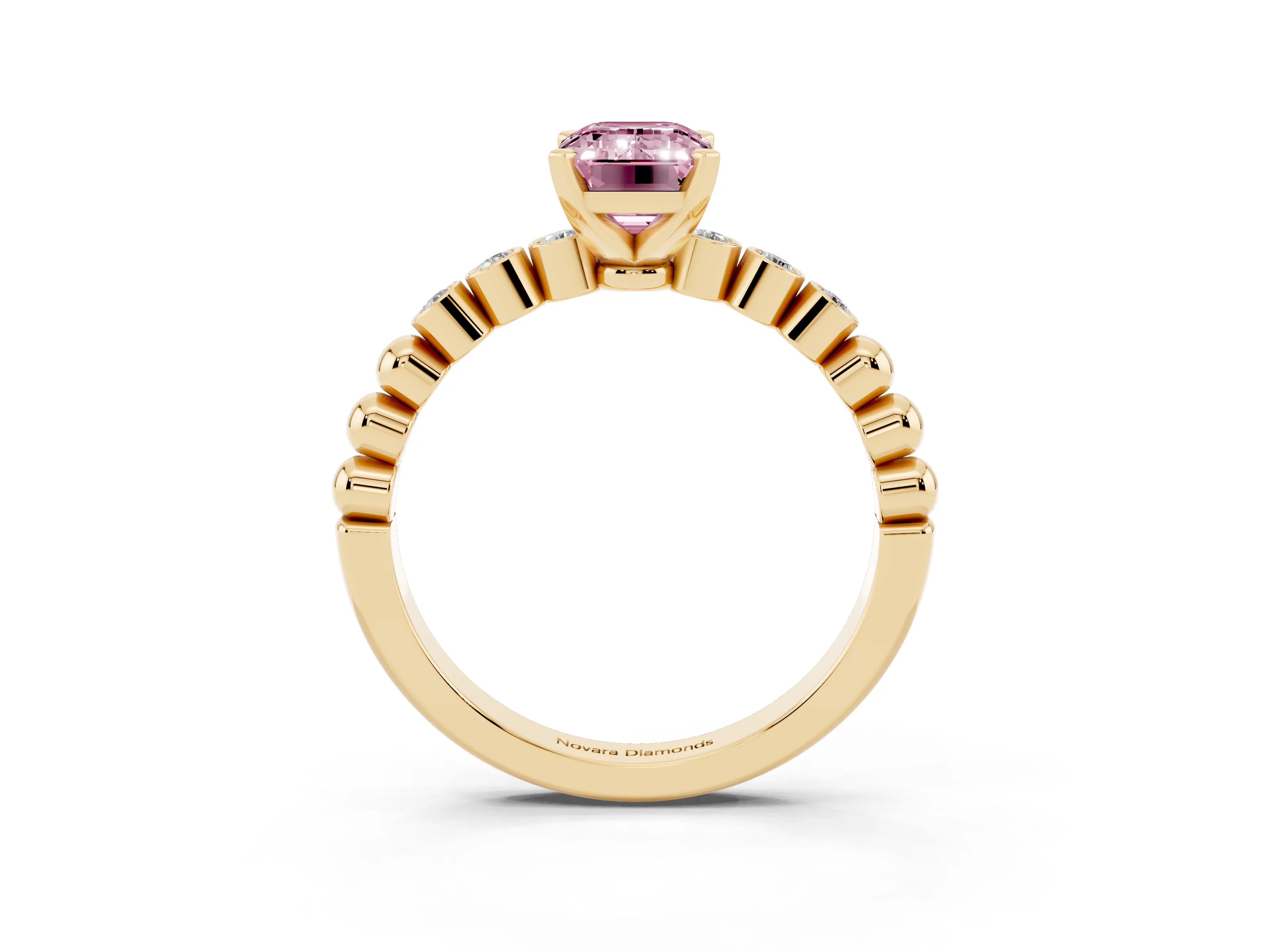 Fancy Pink Emerald Cut Diamond Solitaire Engagement Ring Set in Yellow gold with Bezel Accents on Beaded Band