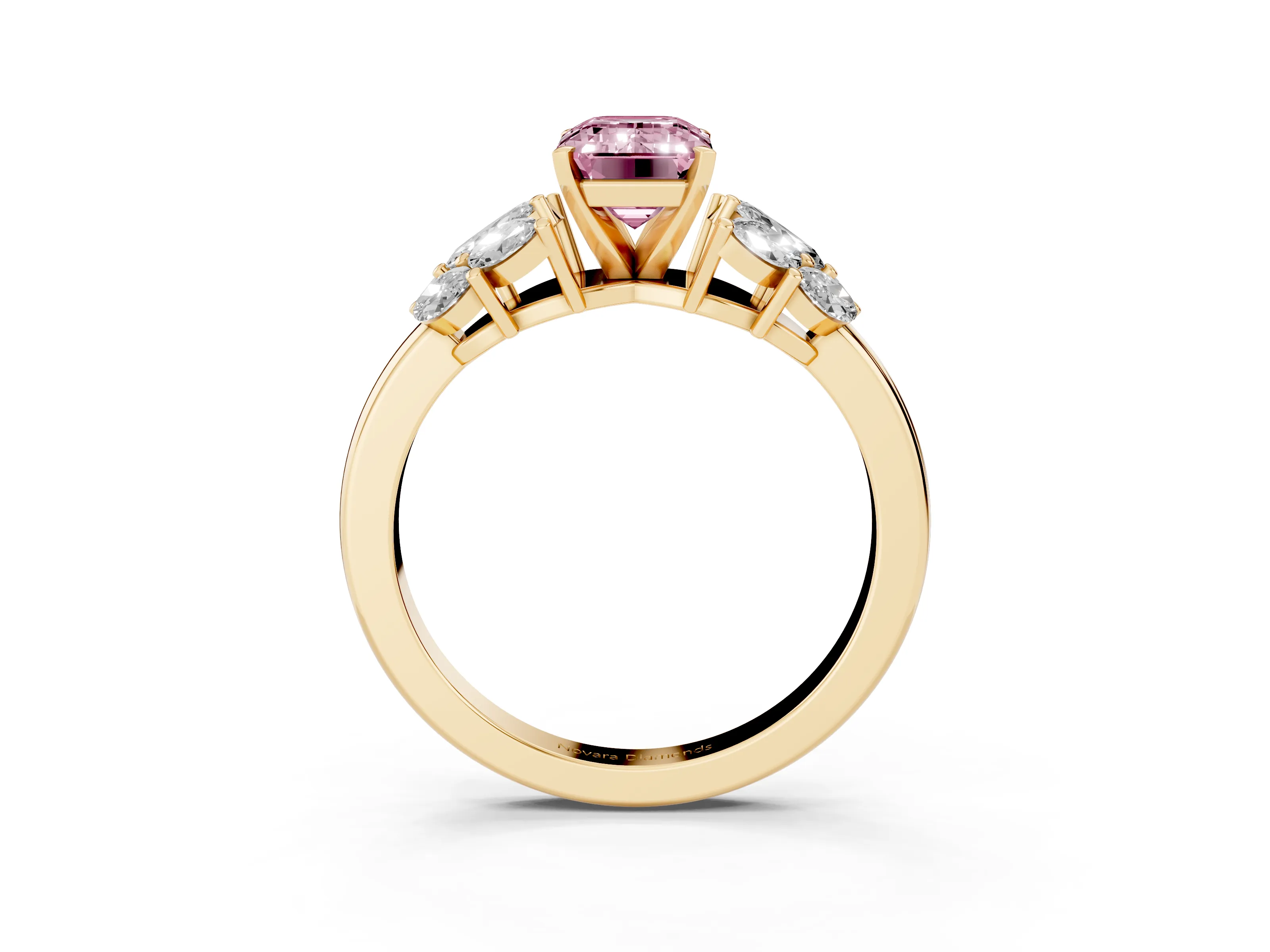 Fancy Pink Emerald Cut Diamond Cluster Leaf Design Ring Set in Yellow gold with Prong Setting