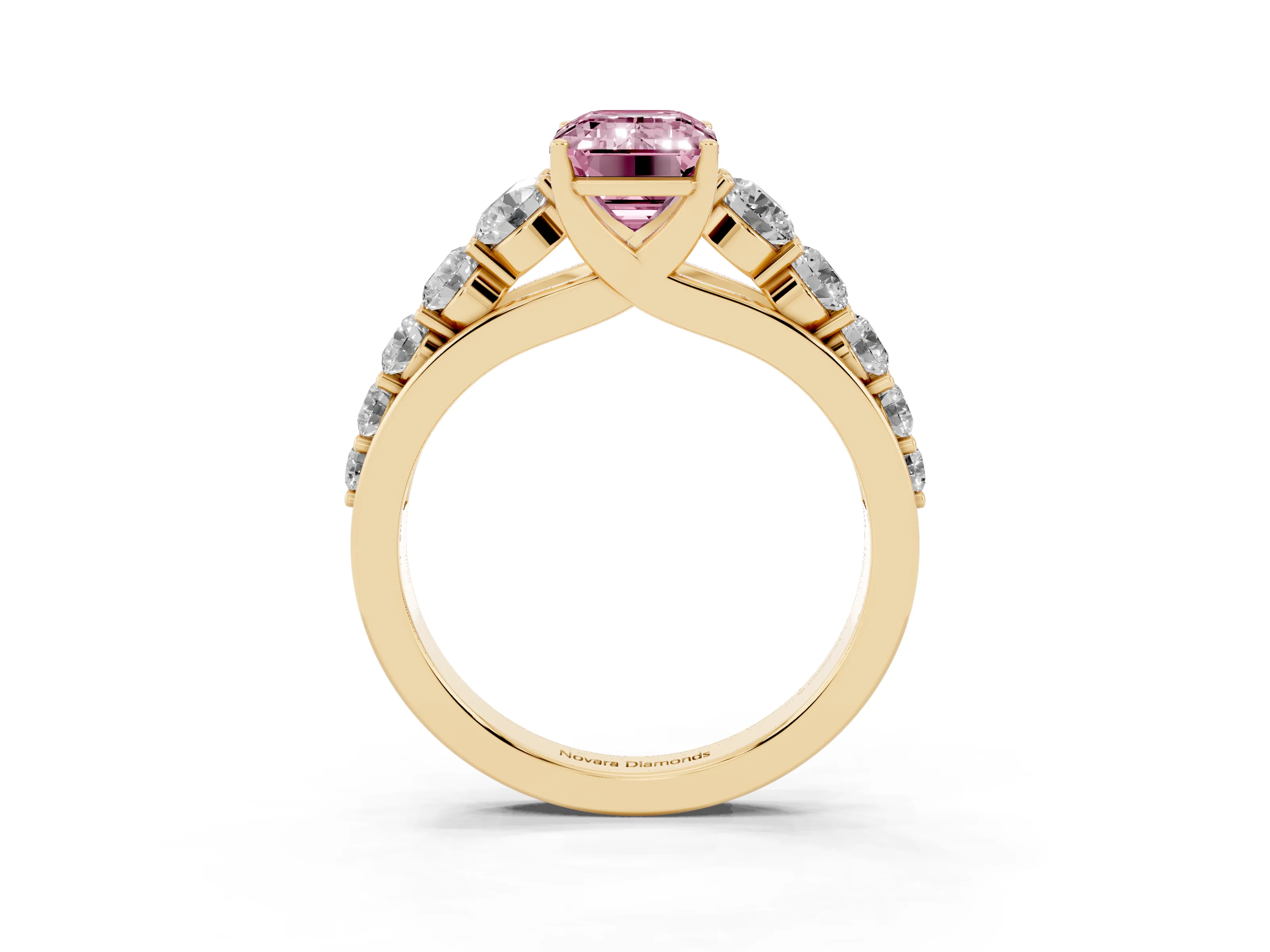 Fancy Pink Emerald Cut Diamond Solitaire Ring Set in Yellow gold with Pavé-Set Band and Prong Setting