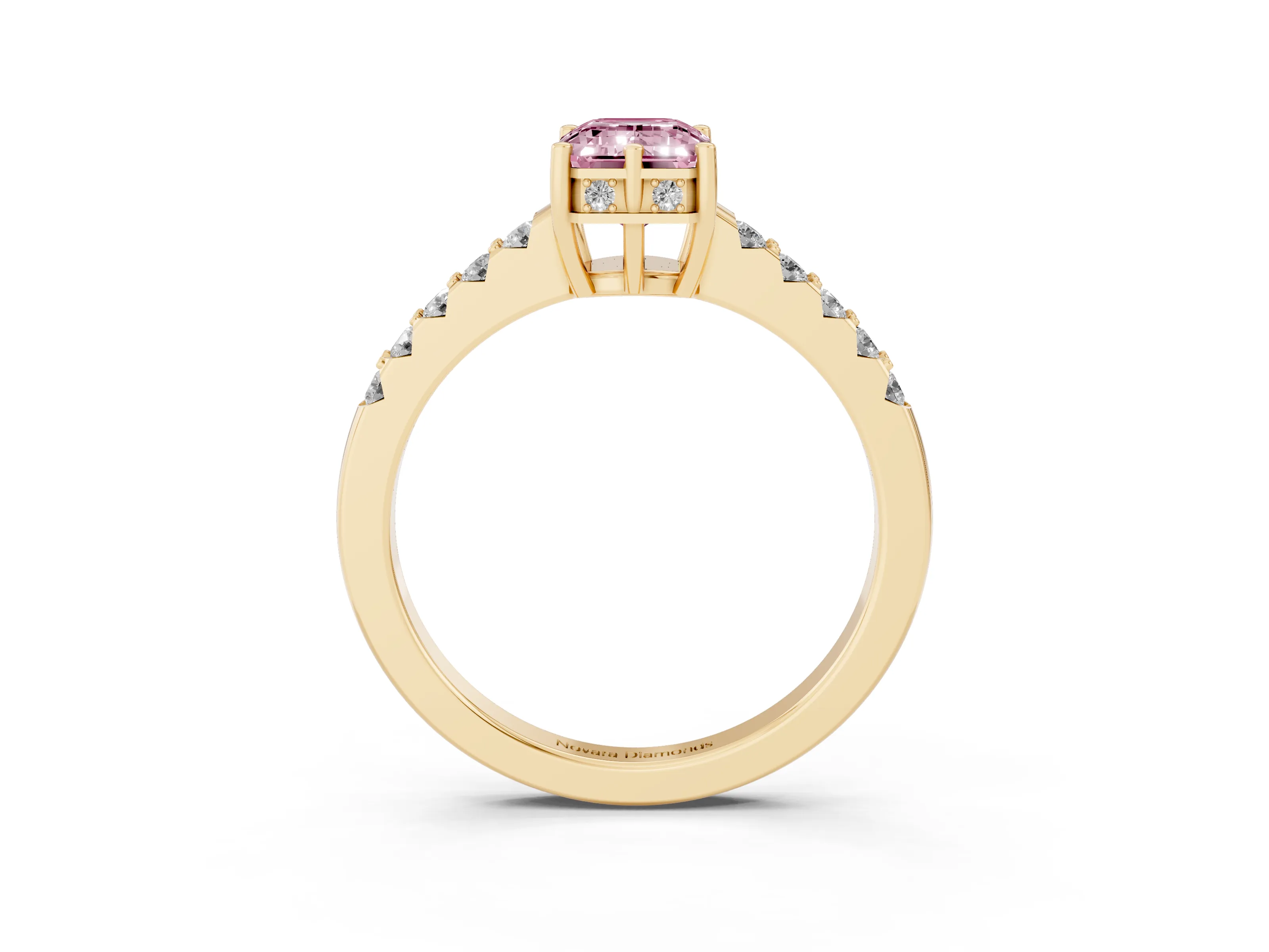 Fancy Pink Emerald Cut Diamond Solitaire Engagement Ring Set in Yellow gold with Pavé Band and Prong Setting