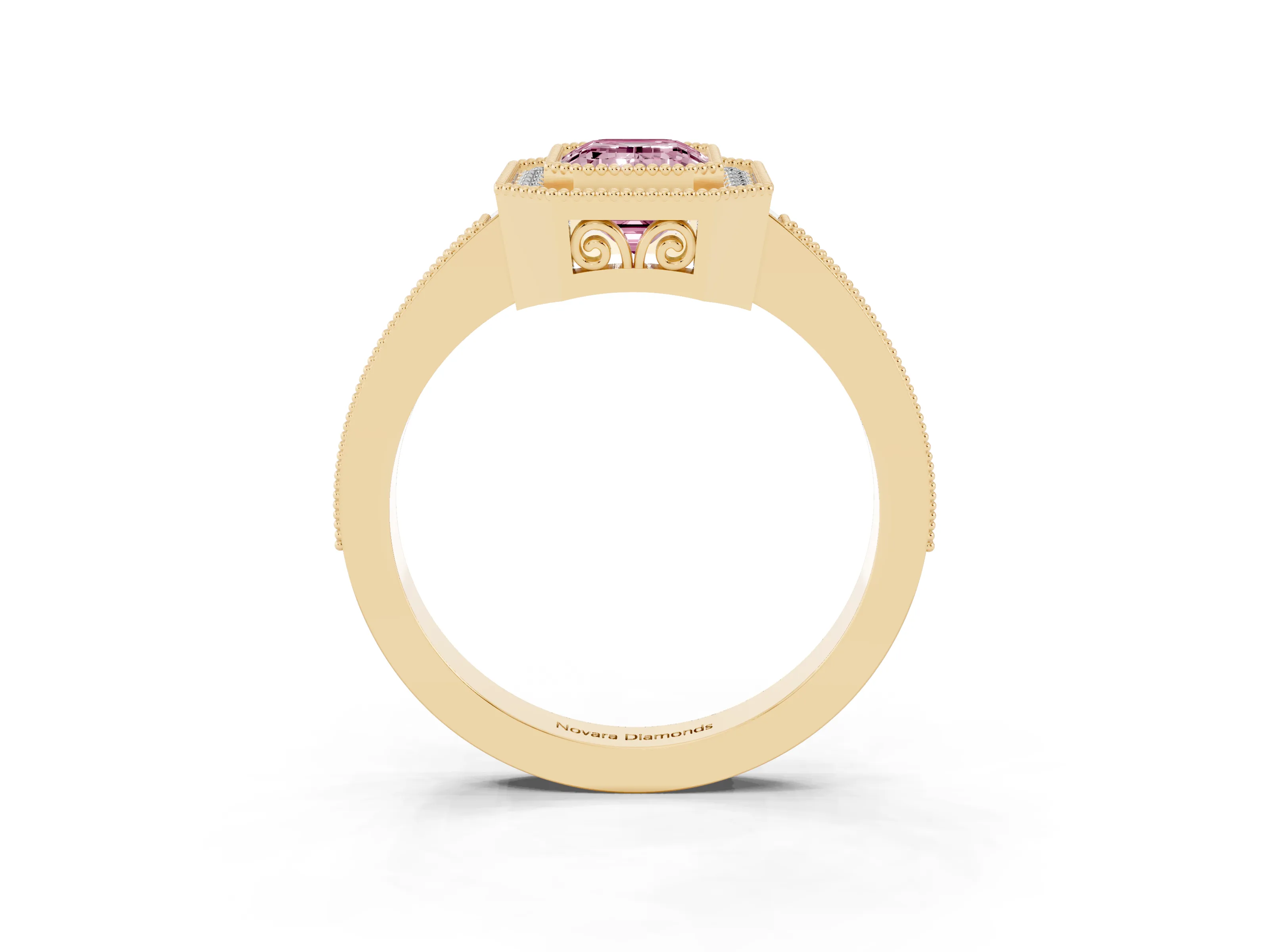 Fancy Pink Emerald Cut Diamond Halo Ring Set in Yellow gold with Pavé Band and Milgrain-Edged Prongs