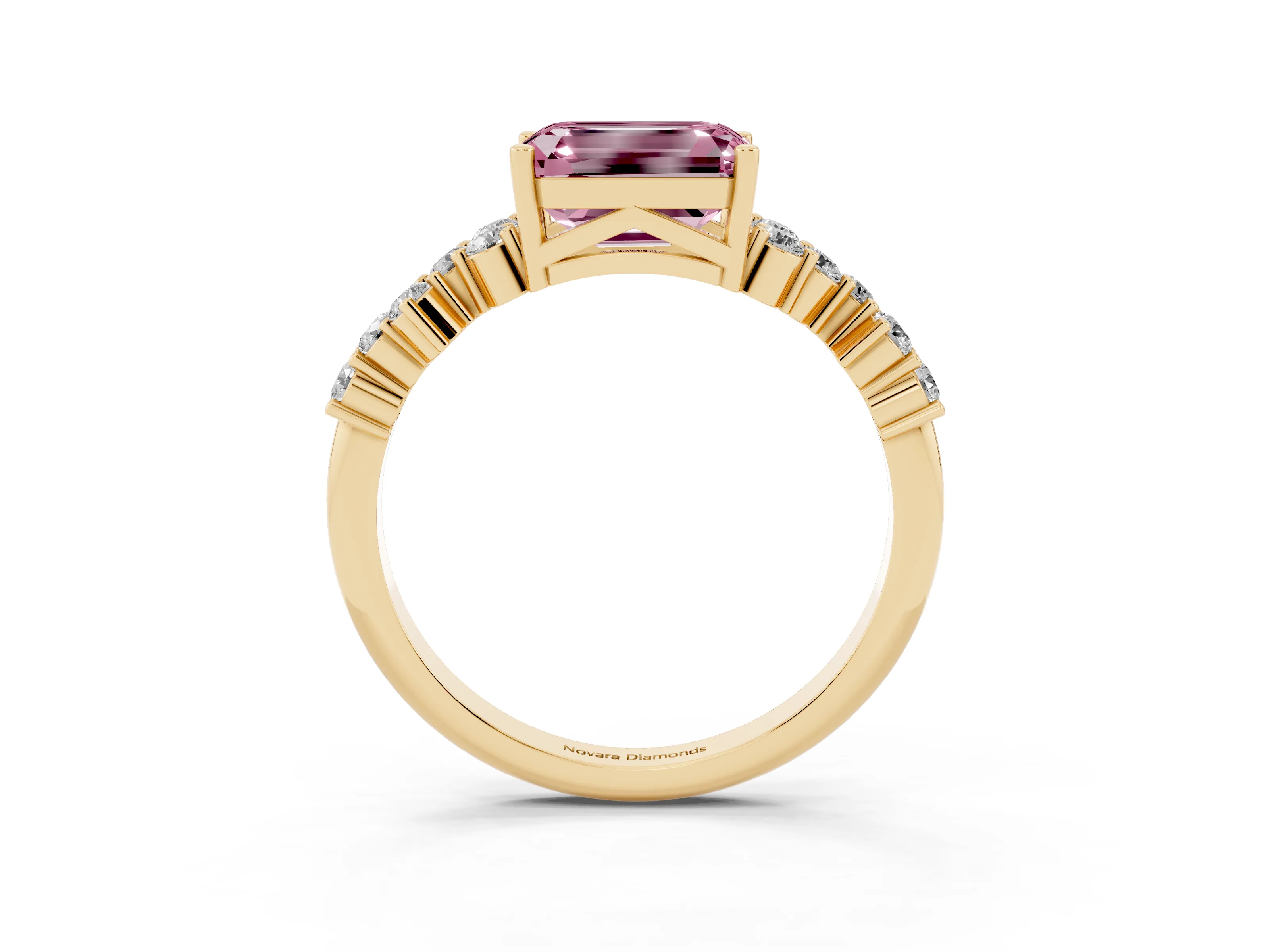 Fancy Pink Emerald Cut Diamond Ring Set in Yellow gold with Scattered Round Accents