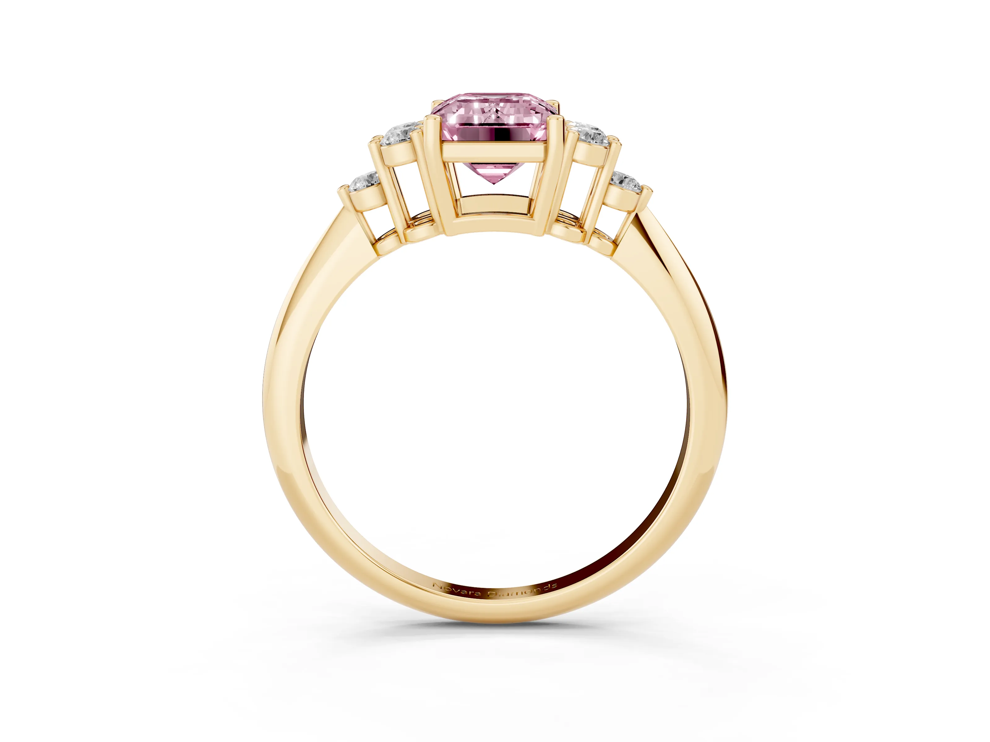 Fancy Pink Emerald Cut Diamond Cluster Ring Set in Yellow gold with Plain Band and Prong Setting