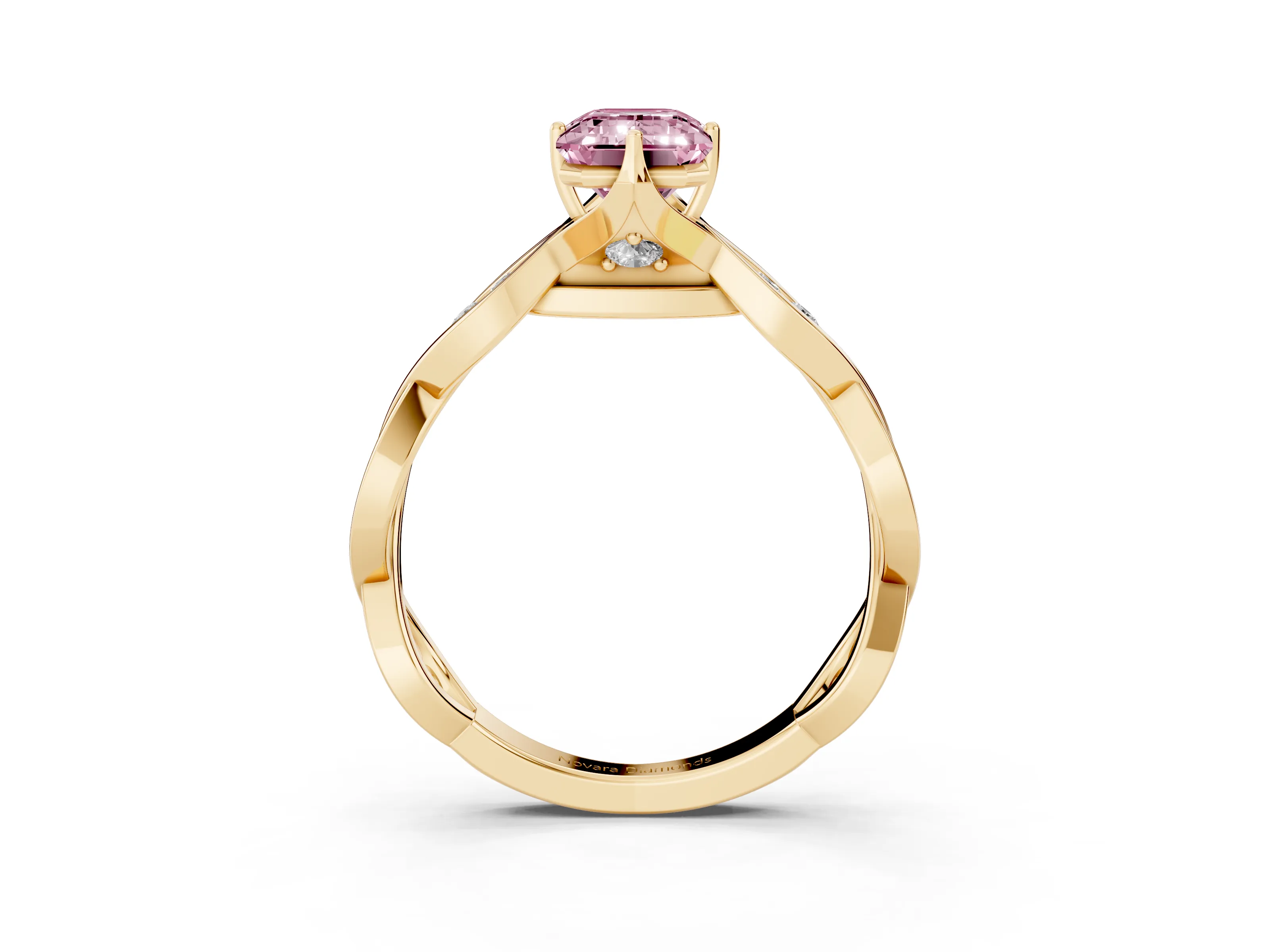 Fancy Pink Emerald Cut Diamond Twist Band Solitaire Ring Set in Yellow gold with Leaf Prong Setting and Accent Stones
