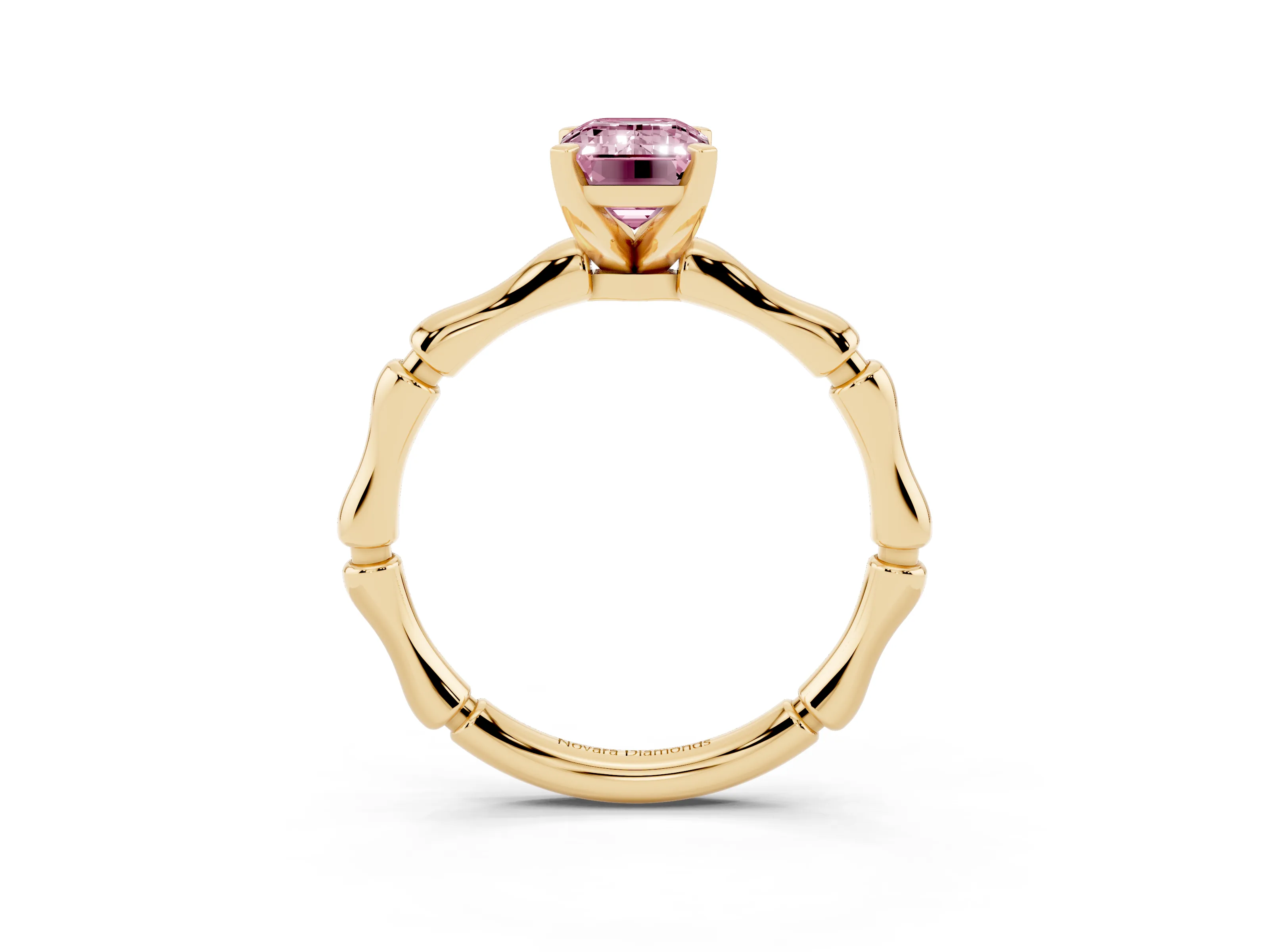 Fancy Pink Emerald Cut Diamond Solitaire Ring Set in Yellow gold with Bamboo Band and Prong Setting