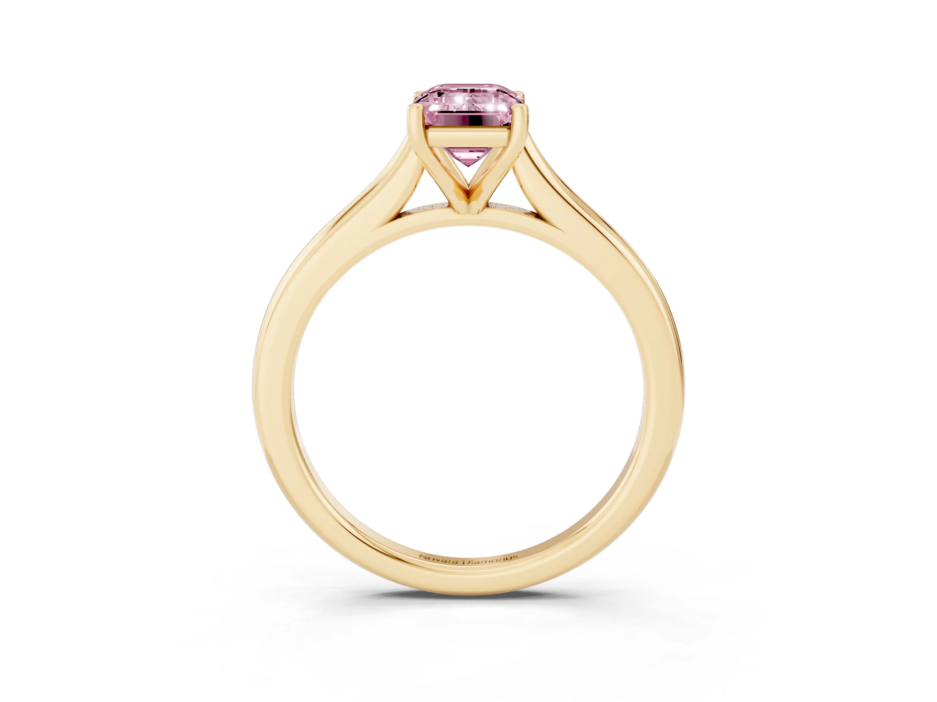 Fancy Pink Emerald Cut Diamond Solitaire Ring Set in Yellow gold with Cathedral Band and Prong Setting