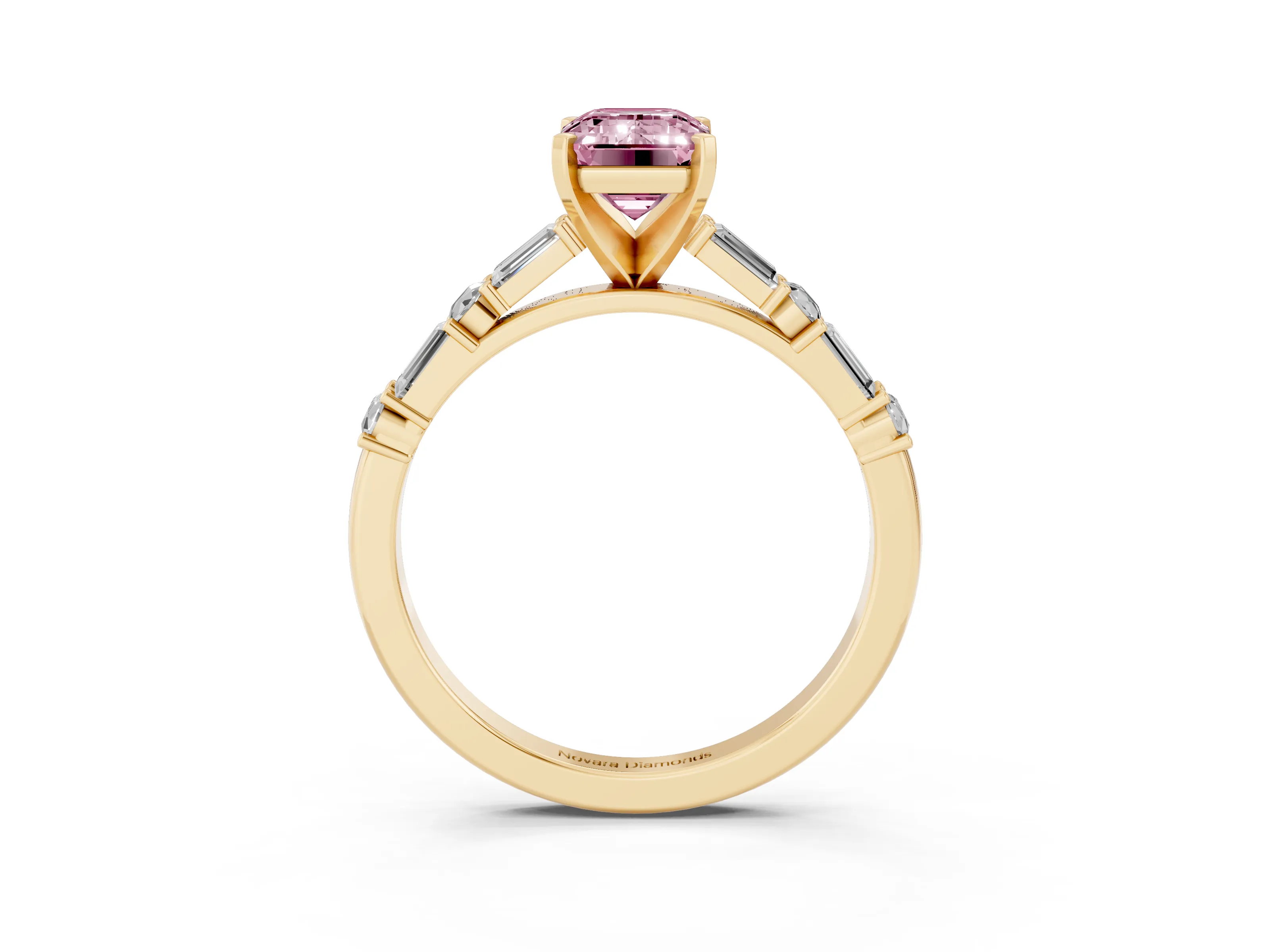 Fancy Pink Emerald Cut Diamond Solitaire Set in Yellow gold with Side Baguettes and Channel Set Band