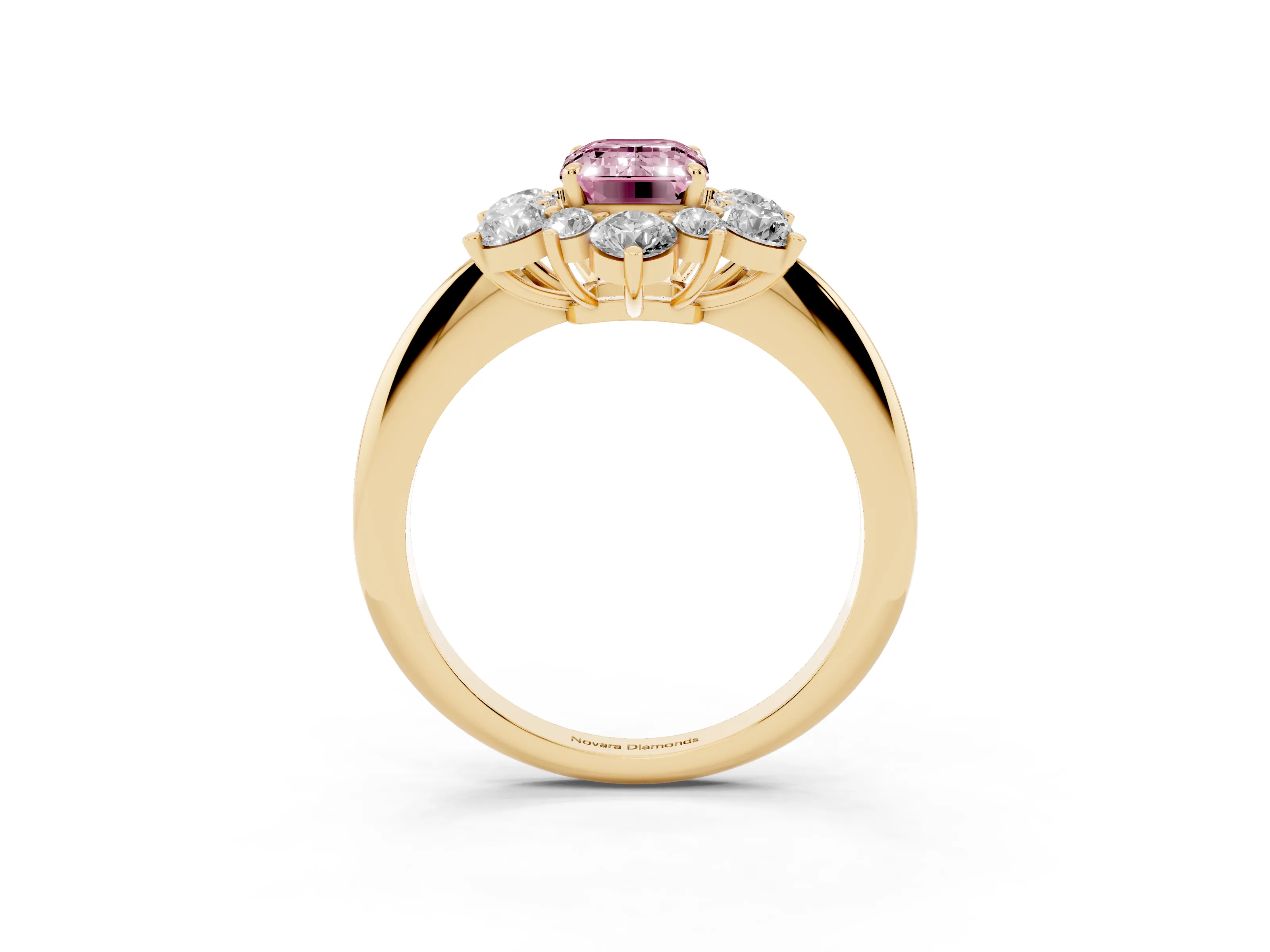 Fancy Pink Emerald Cut Diamond Cluster Halo Ring Set in Yellow gold with Solitaire Band and Prong Setting