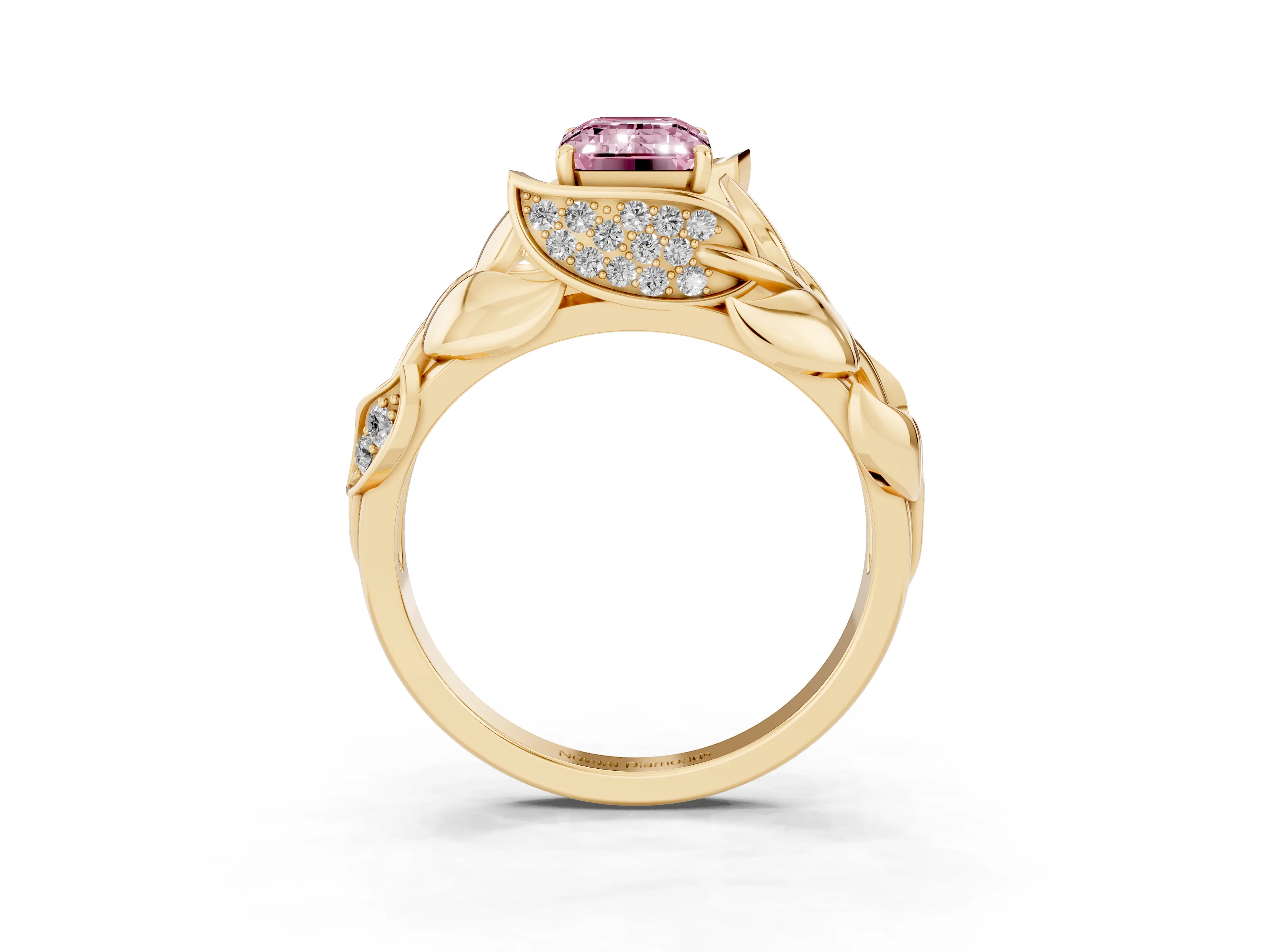 Fancy Pink Emerald Cut Diamond Leaf-Inspired Engagement Ring Set in Yellow gold with Round Accents