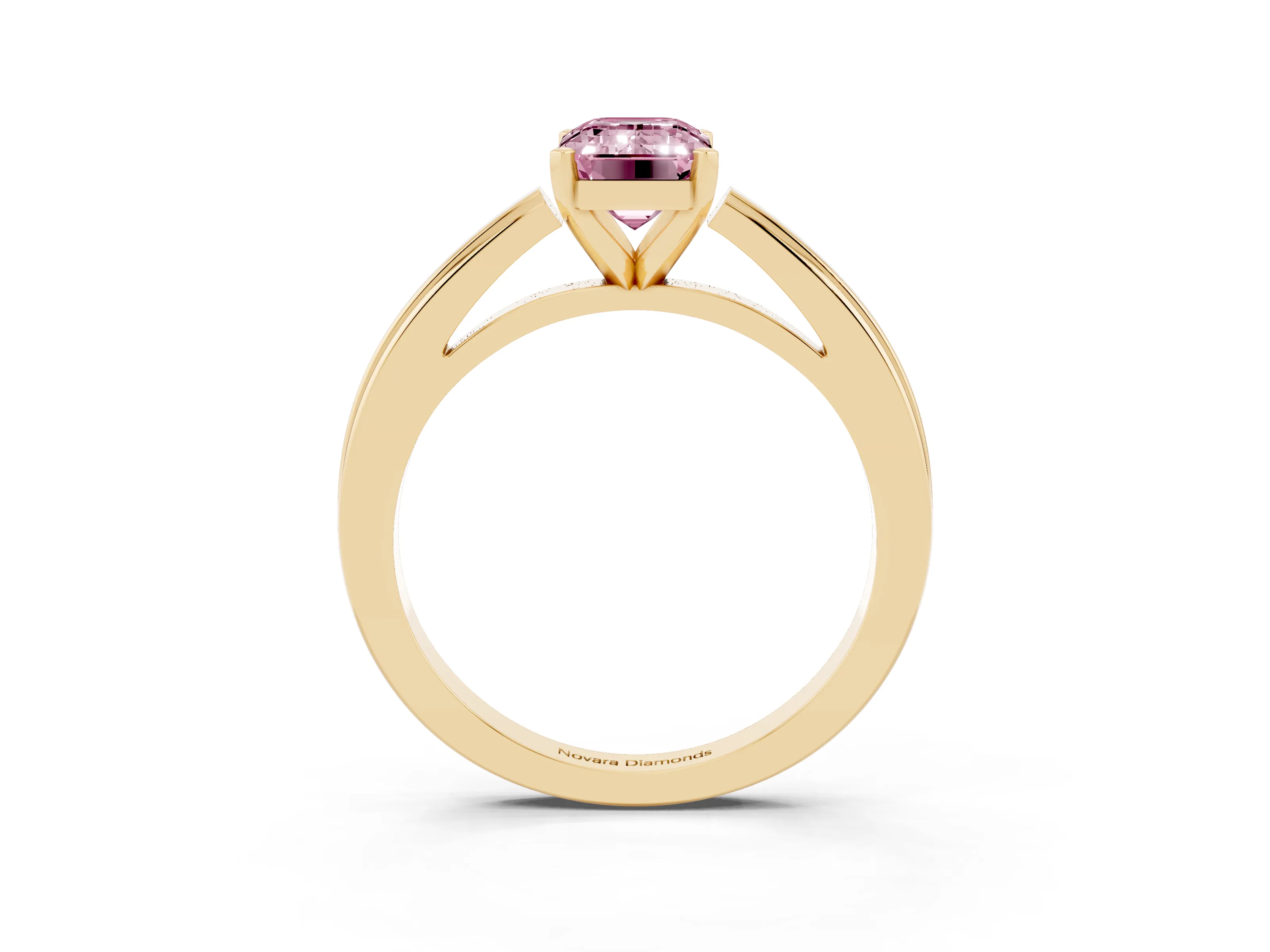 Fancy Pink Emerald Cut Diamond Solitaire Ring Set in Yellow gold with Prong Setting and Classic Band