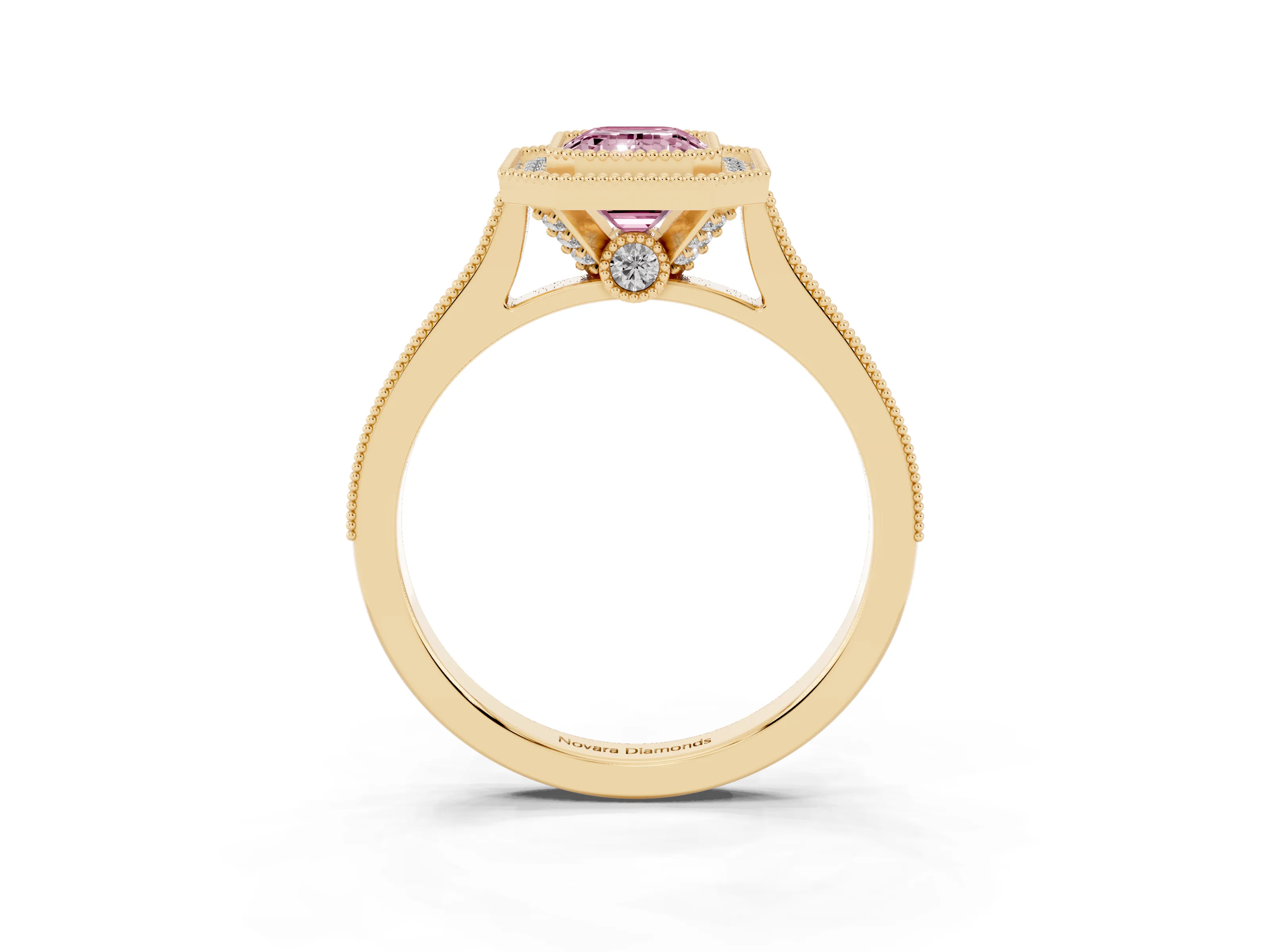 Fancy Pink Emerald Cut Diamond Halo Milgrain Pavé Band Ring Set in Yellow gold with Prong Setting