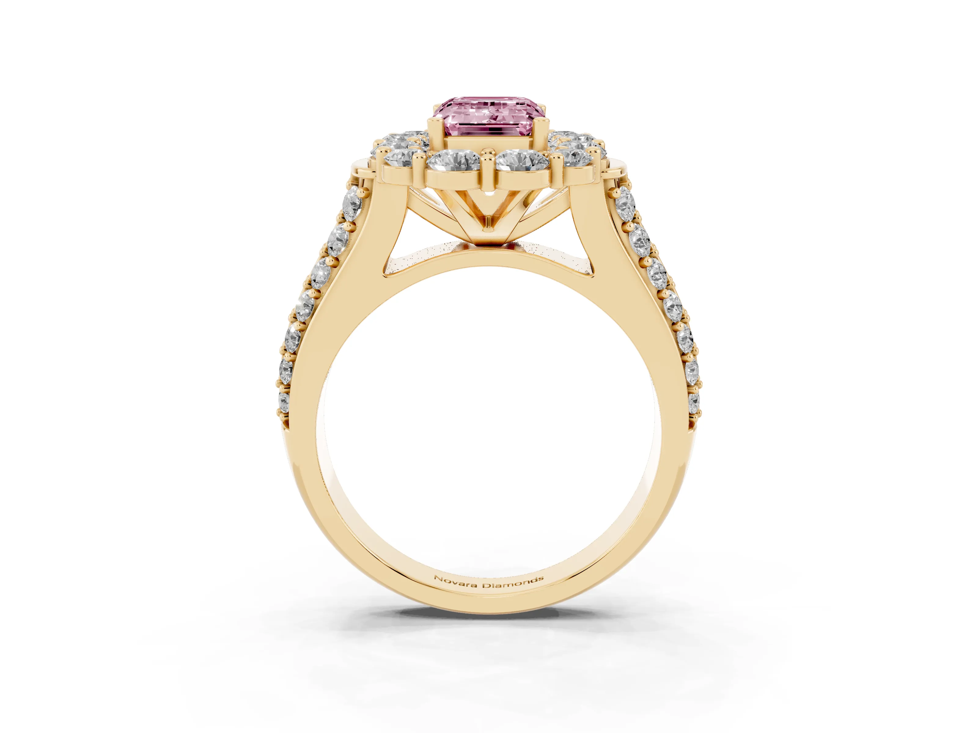 Fancy Pink Emerald Cut Diamond Halo Engagement Ring Set in Yellow gold with Split Shank and Prong Setting