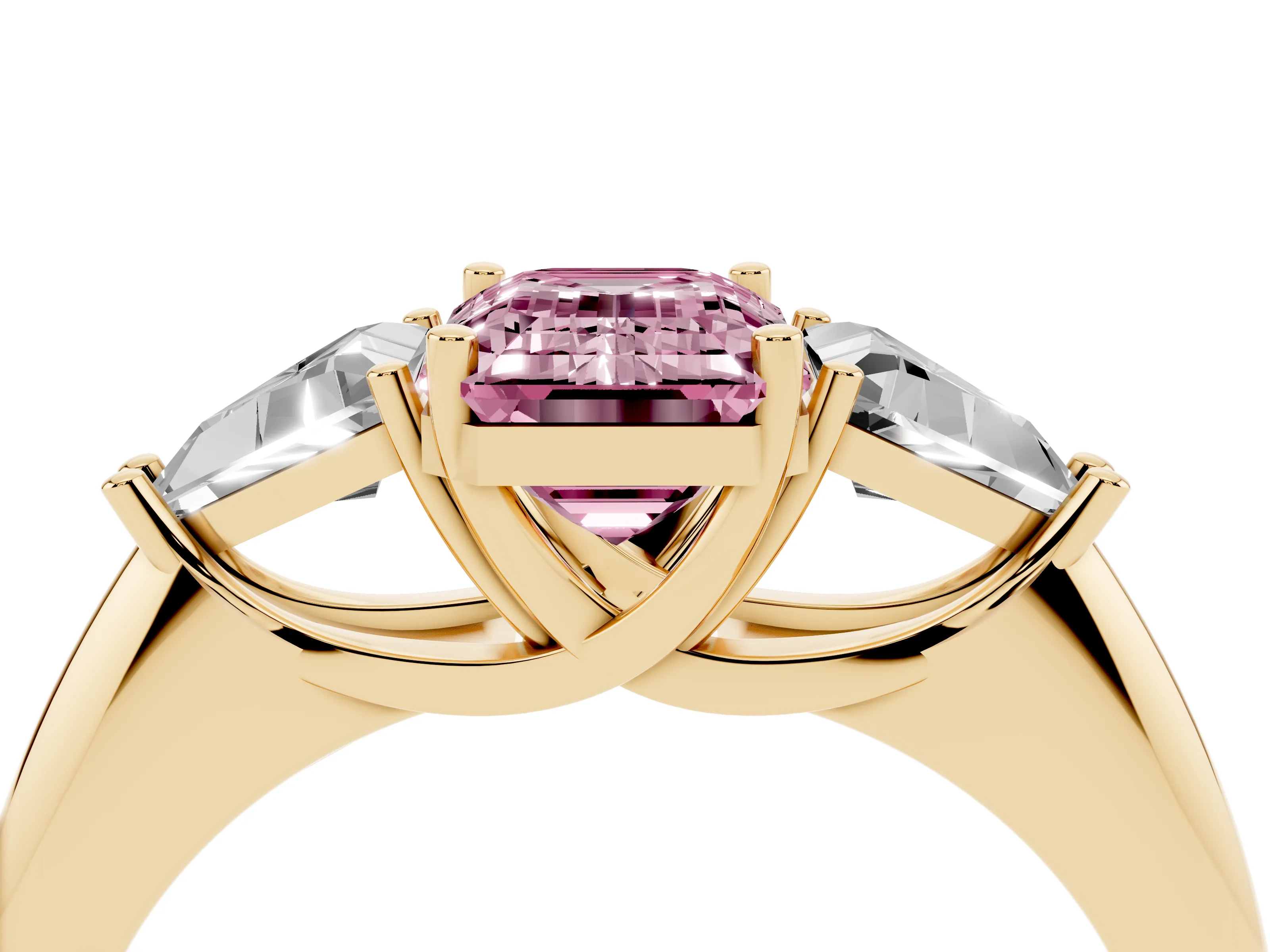 Fancy Pink Emerald Cut Diamond Three-Stone Engagement Ring Set in Yellow gold with Trillion Side Stones