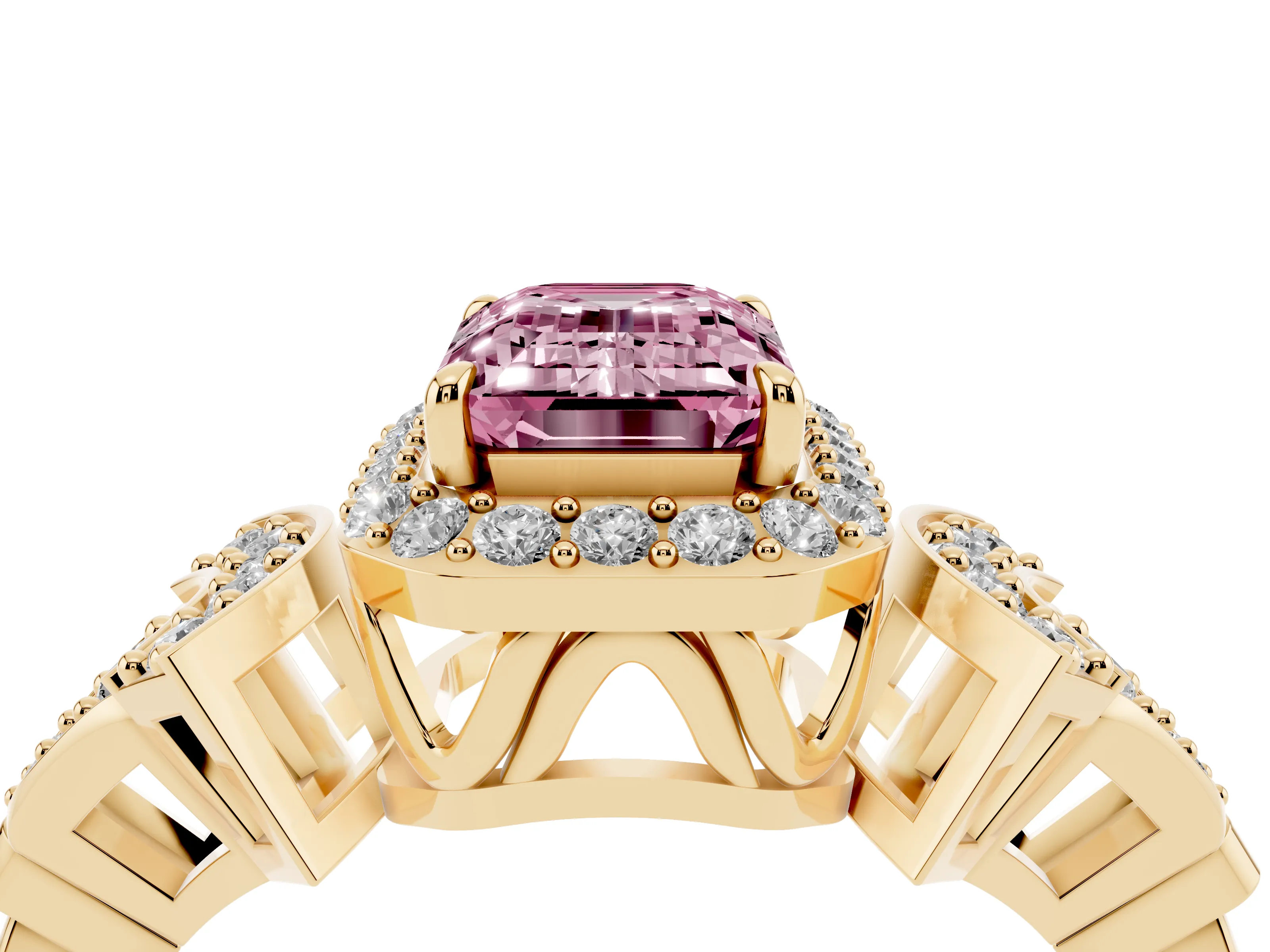 Fancy Pink Emerald Cut Diamond Halo Engagement Ring Set in Yellow gold with Accent Stone Split Shank