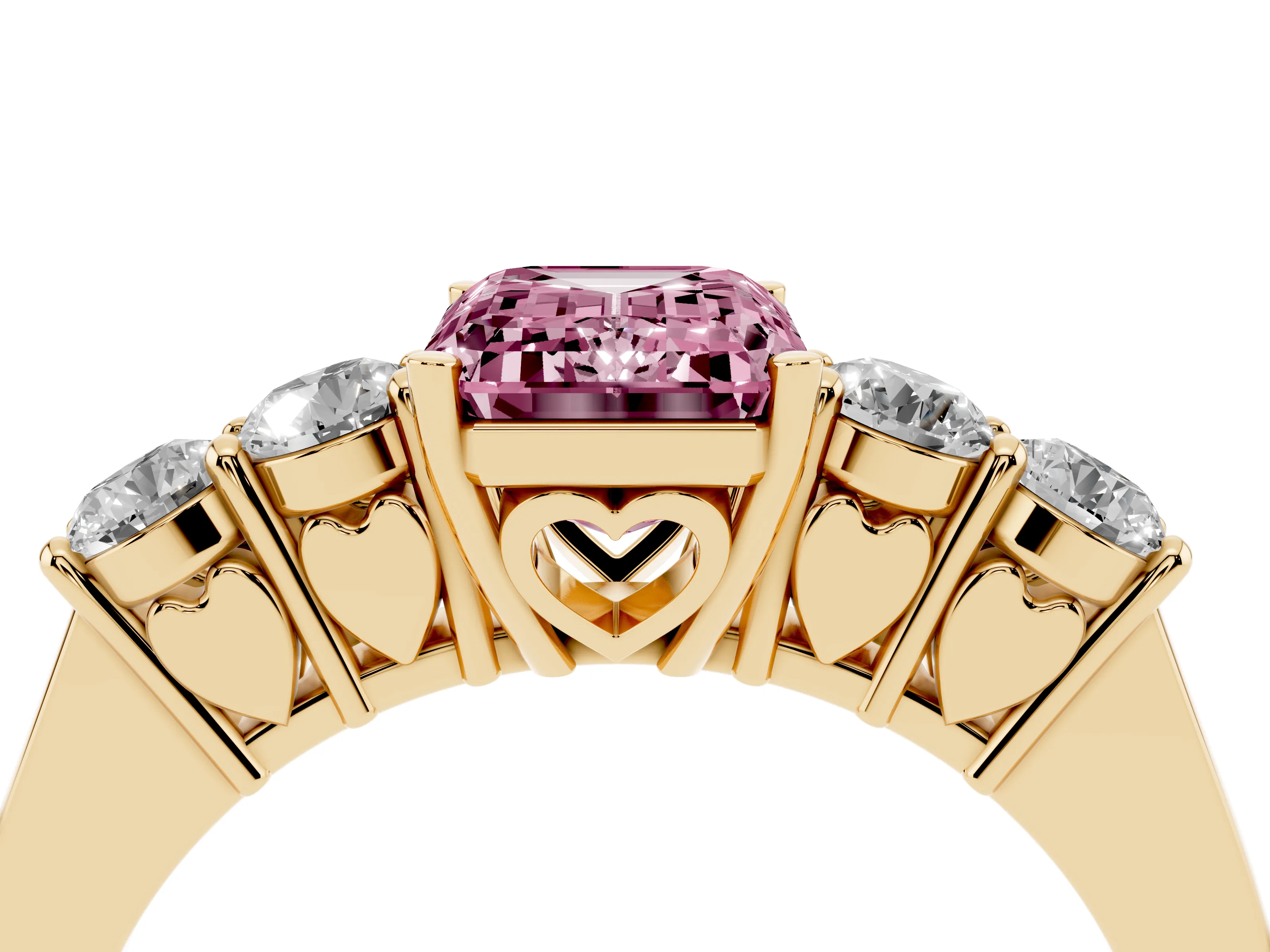 Fancy Pink Emerald Cut Diamond Five-Stone Prong Set Band Ring Set in Yellow gold with Polished Band
