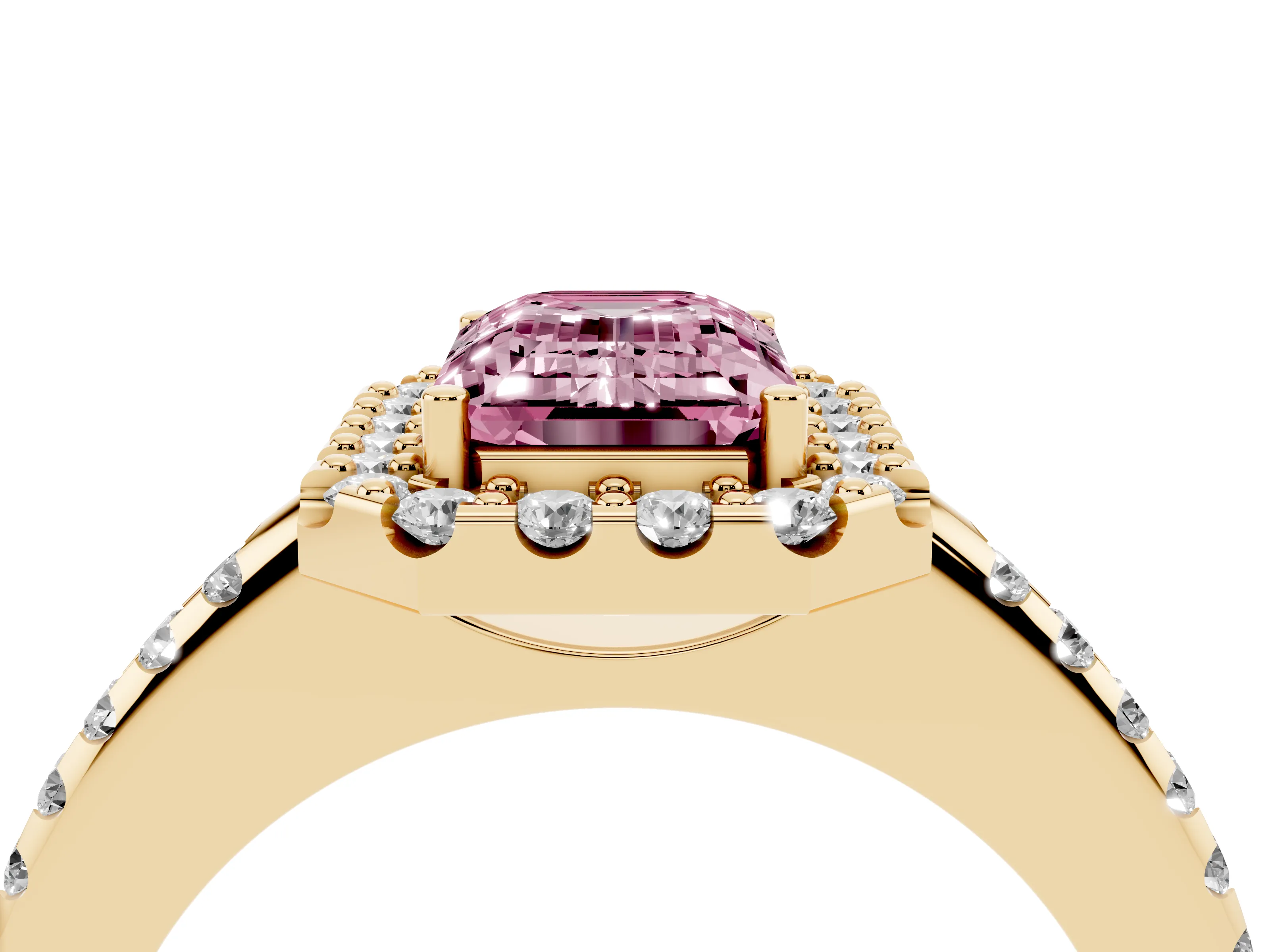 Fancy Pink Emerald Cut Diamond Pavé Halo Ring Set in Yellow gold with Prong Setting