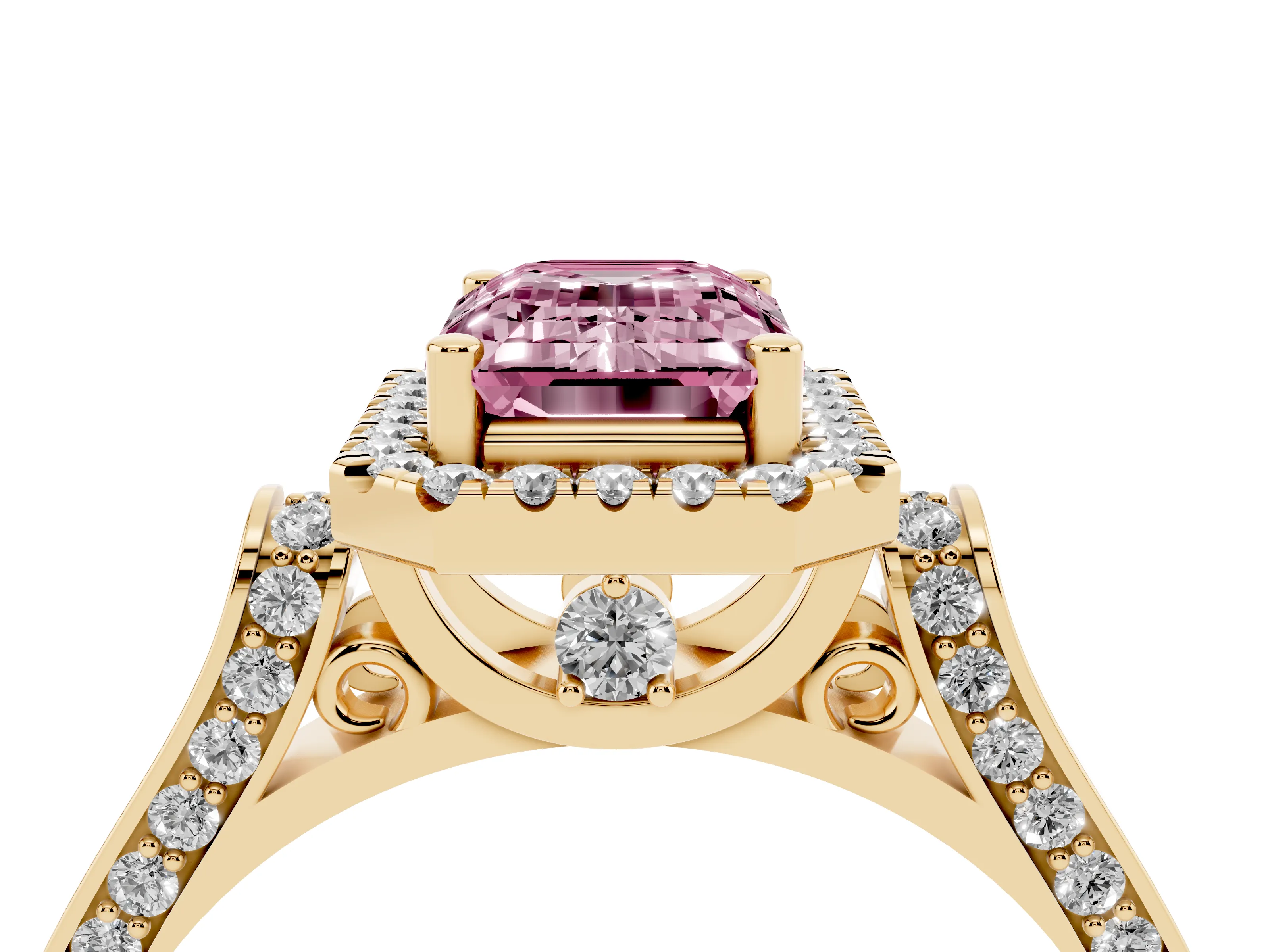 Fancy Pink Emerald Cut Diamond Halo Ring Set in Yellow gold with Pavé-Lined Split Shank Band