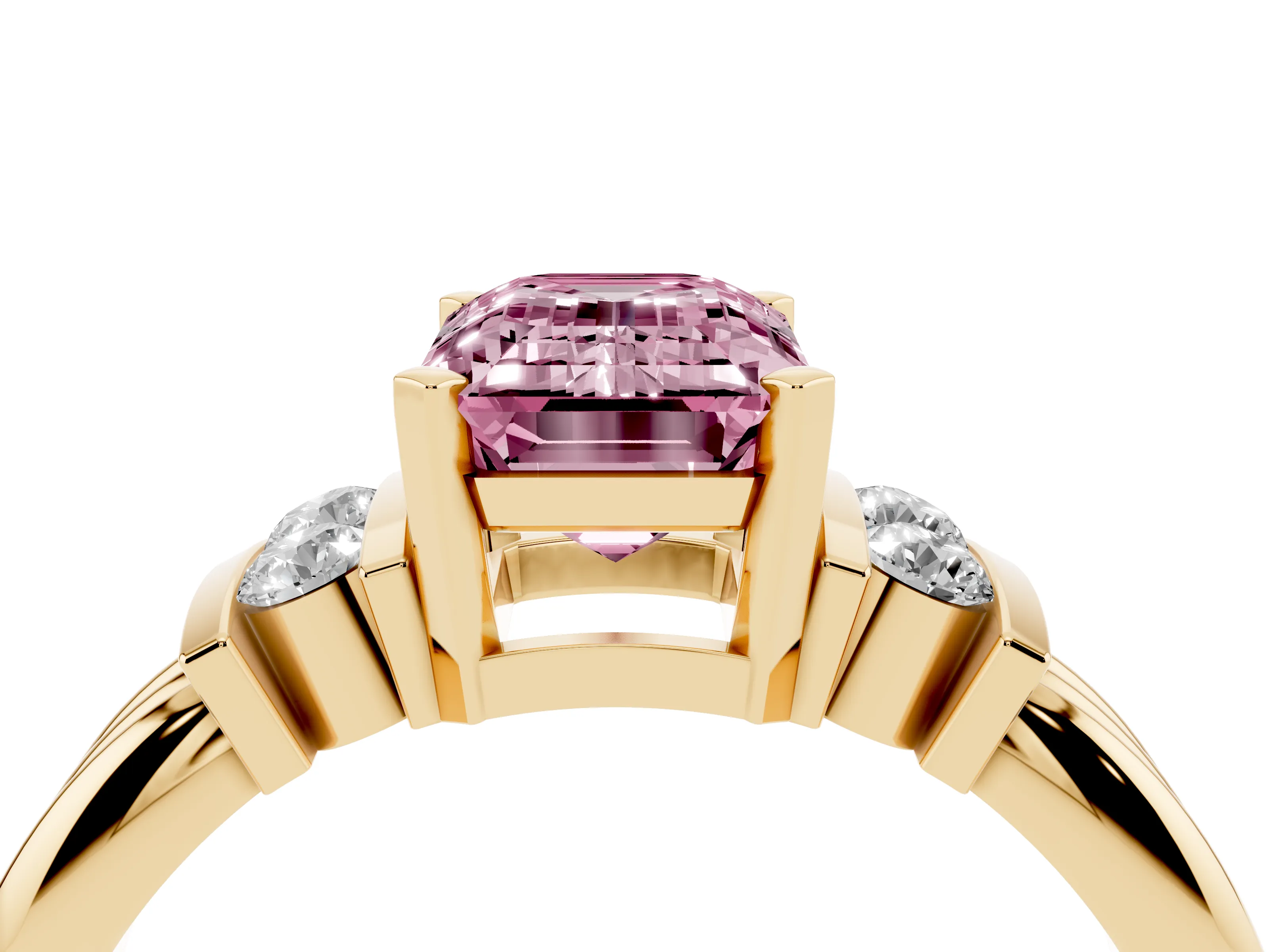 Fancy Pink Three-Stone Emerald Cut Diamond Channel Set Ring Set in Yellow gold with Bar Prongs