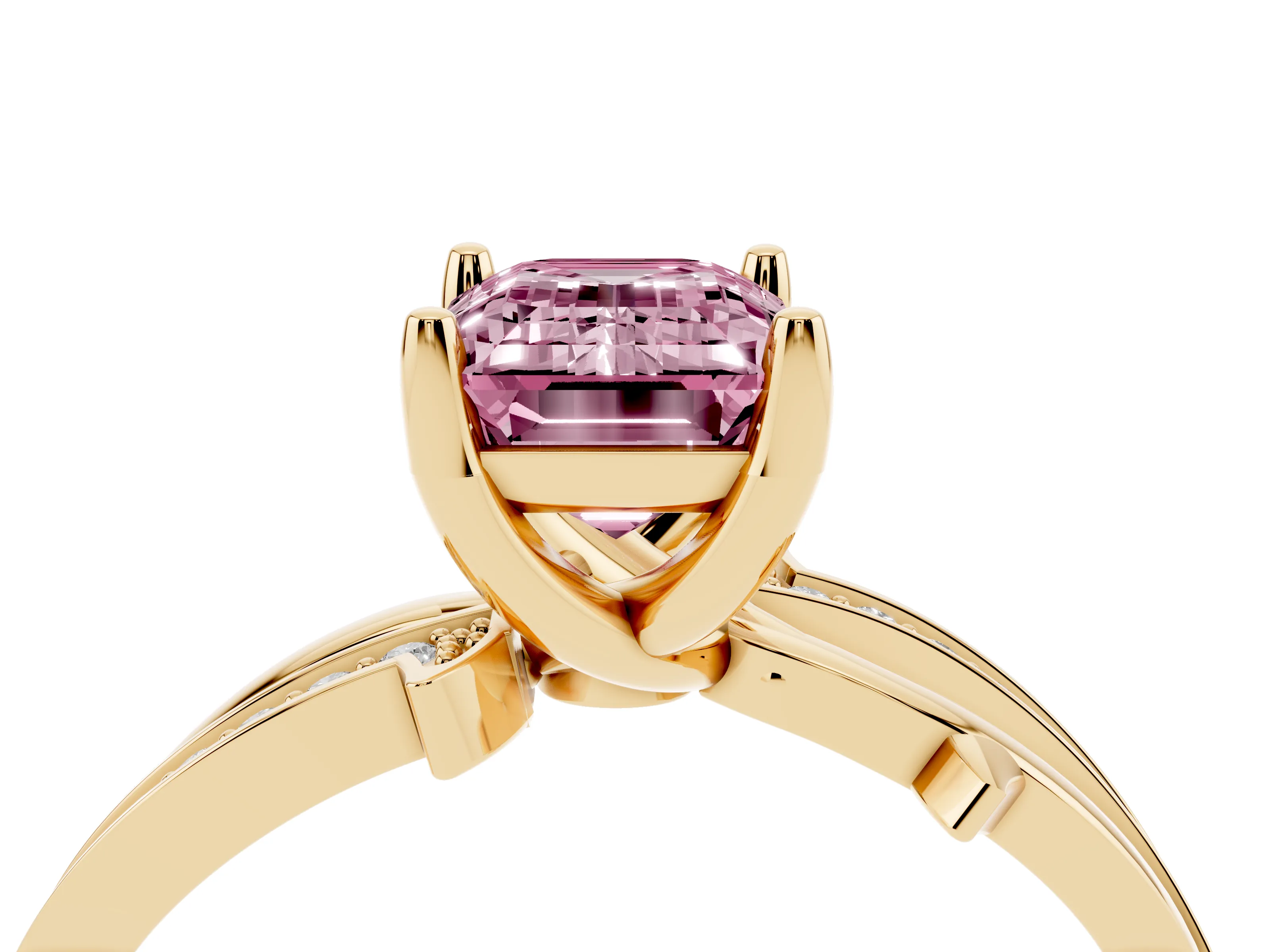 Fancy Pink Emerald Cut Diamond Pavé Twist Band Solitaire Ring Set in Yellow gold with Prong Setting