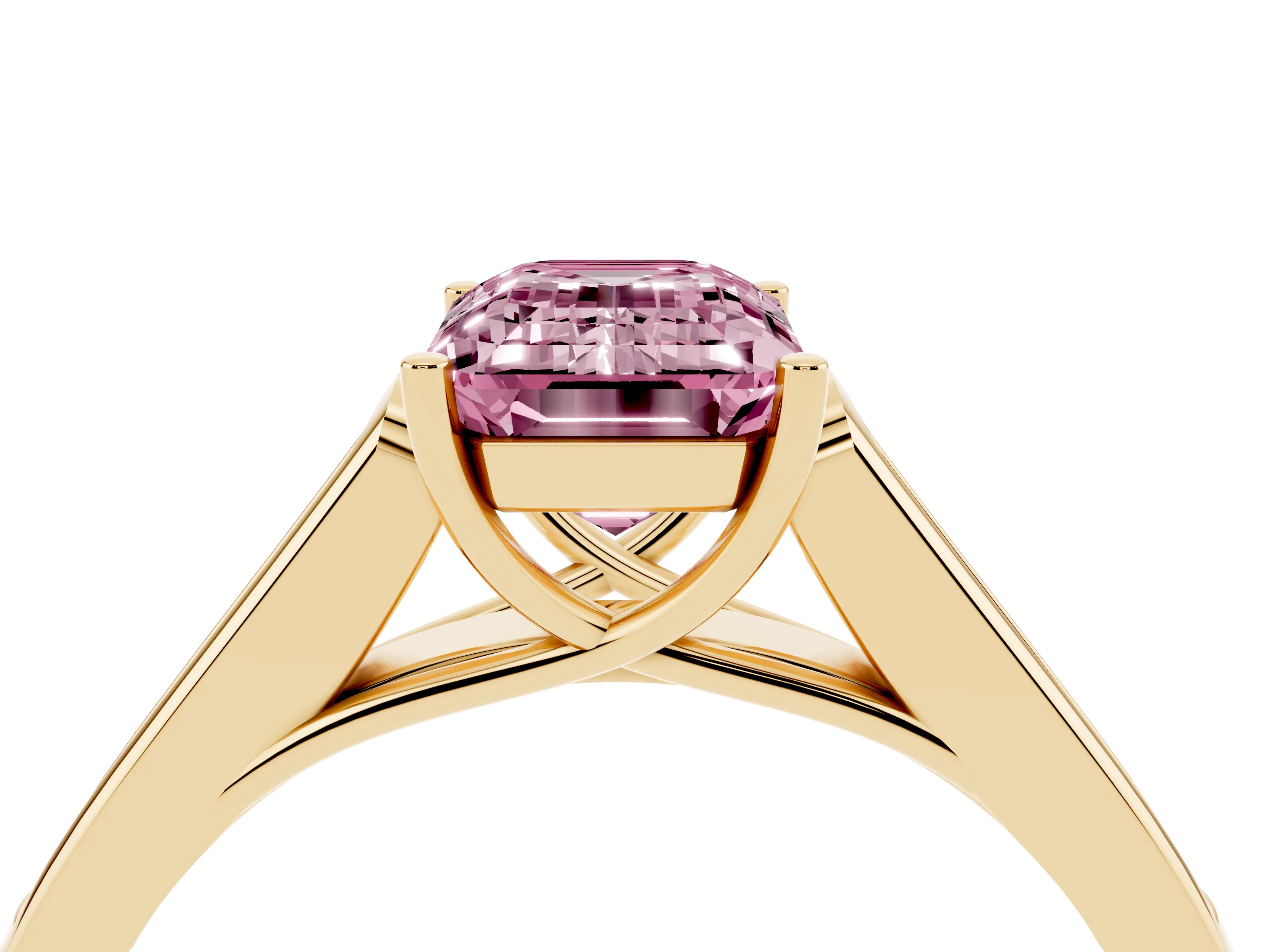 Fancy Pink Emerald Cut Diamond Solitaire Cathedral Engagement Ring Set in Yellow gold with Channel-Set Band and Prong Setting