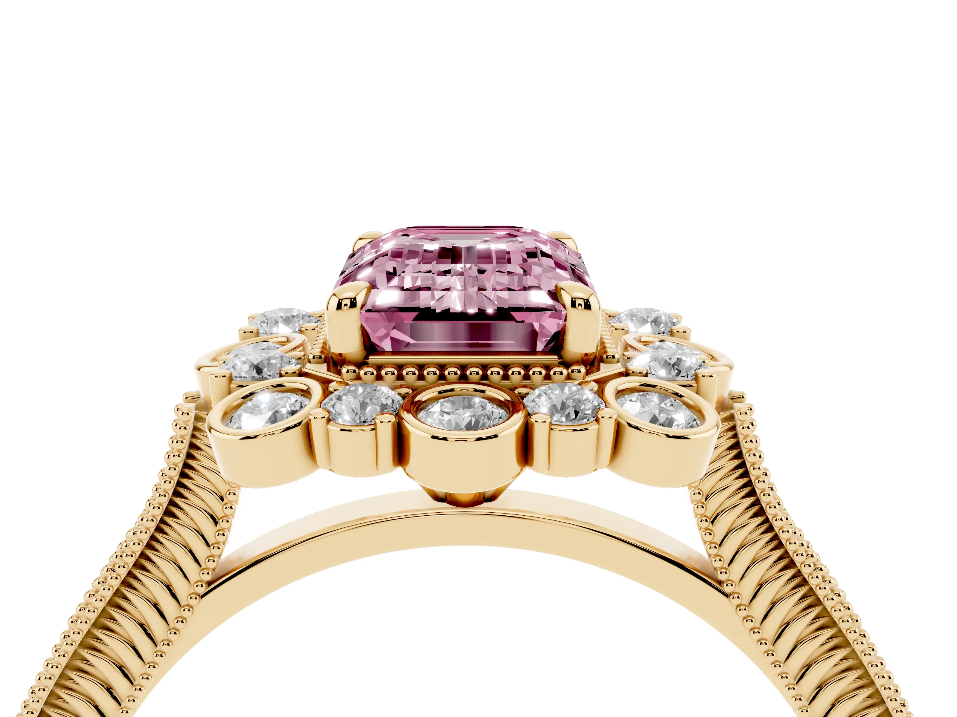 Fancy Pink Emerald Cut Diamond Halo Milgrain Pavé Ring Set in Yellow gold with Prong Setting