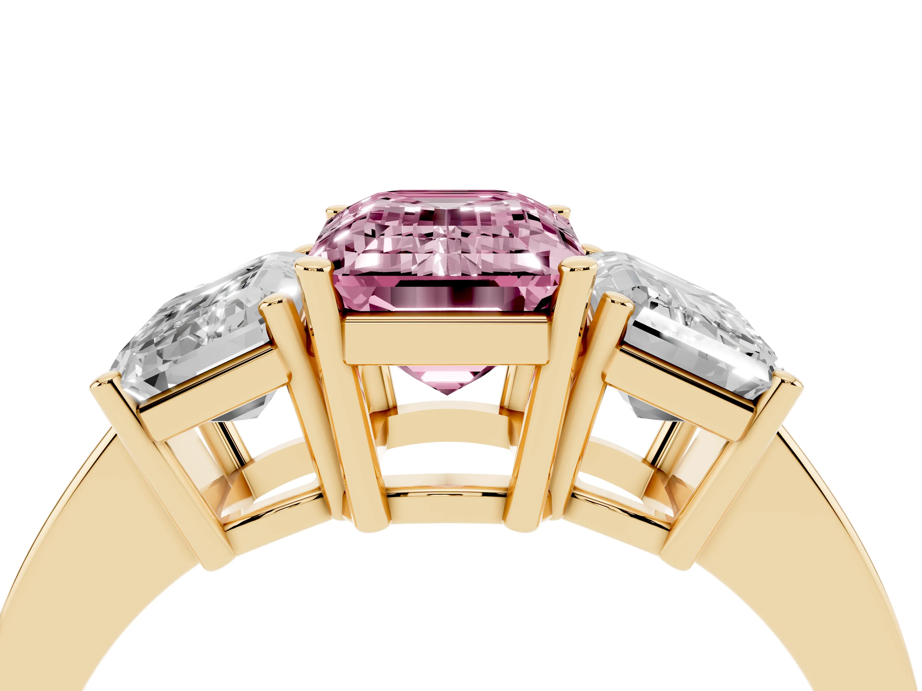 Fancy Pink Emerald Cut Diamond Three-Stone Engagement Ring Set in Yellow gold with Flat Band