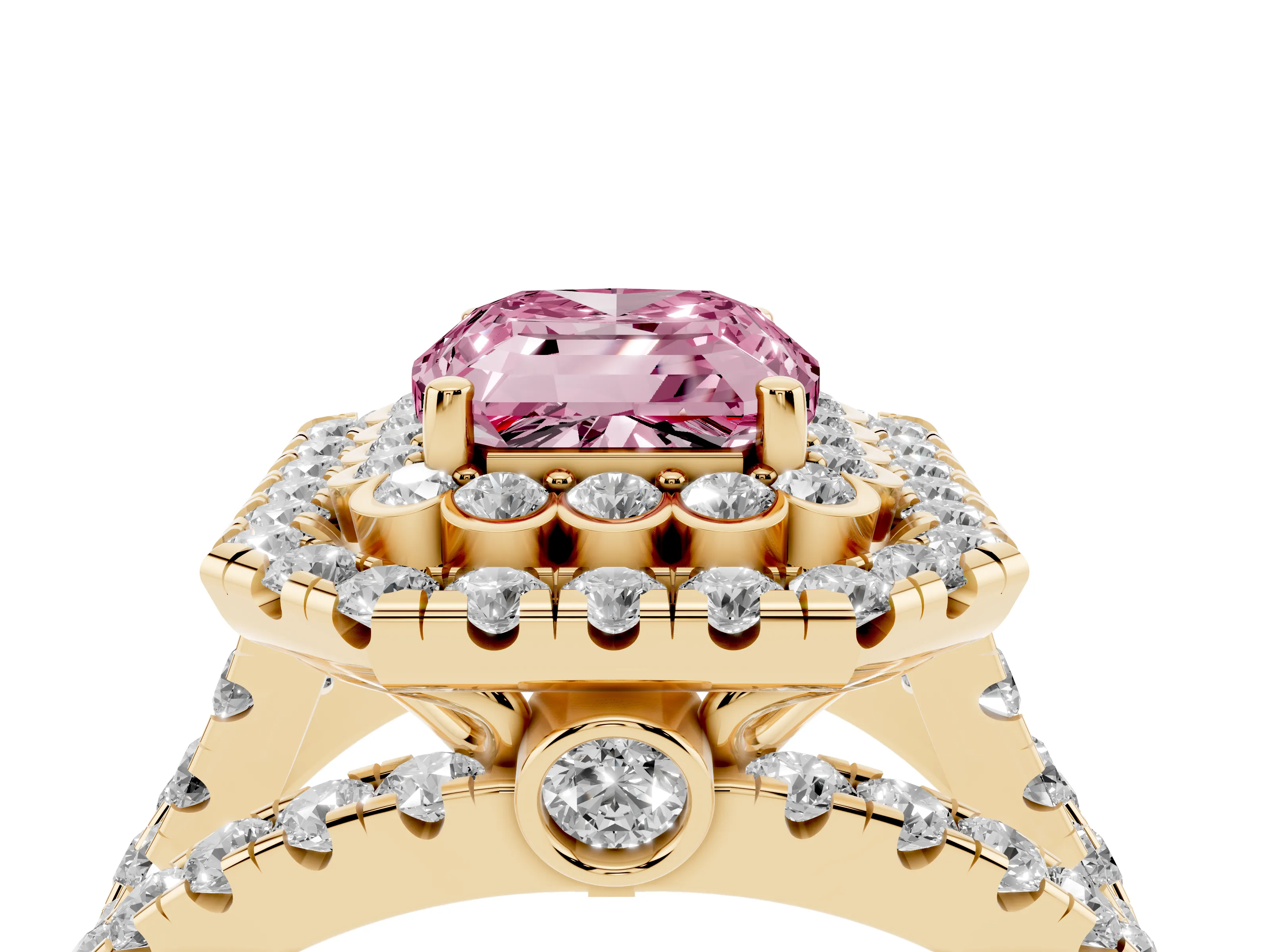 Fancy Pink Emerald Cut Diamond Double Halo Ring Set in Yellow gold with Round Pavé Split Shank
