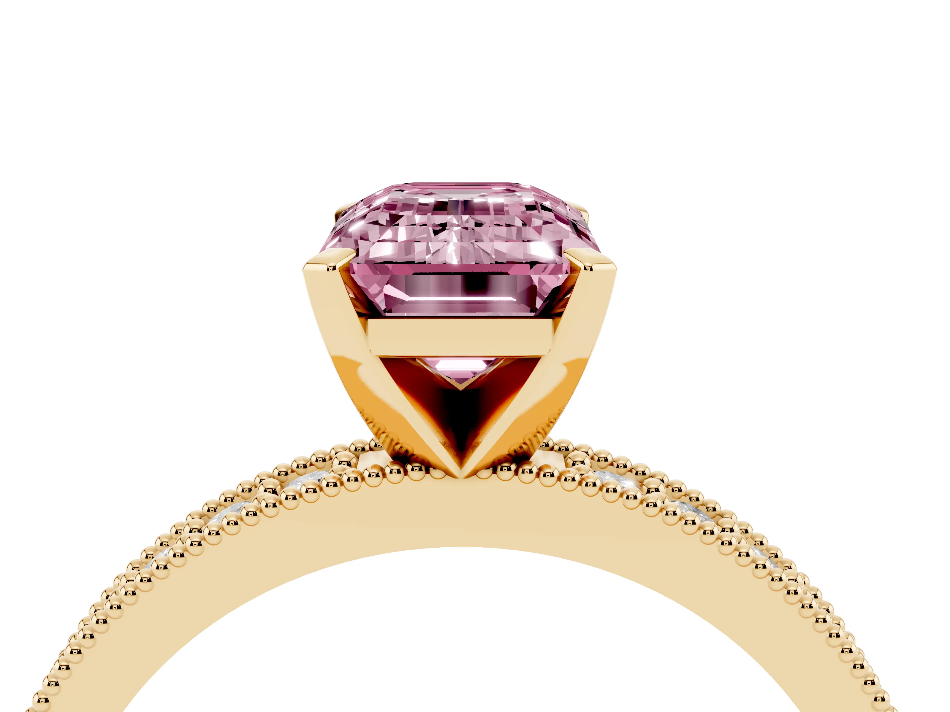 Fancy Pink Emerald Cut Diamond Milgrain Pavé Engagement Ring Set in Yellow gold with Prong Setting