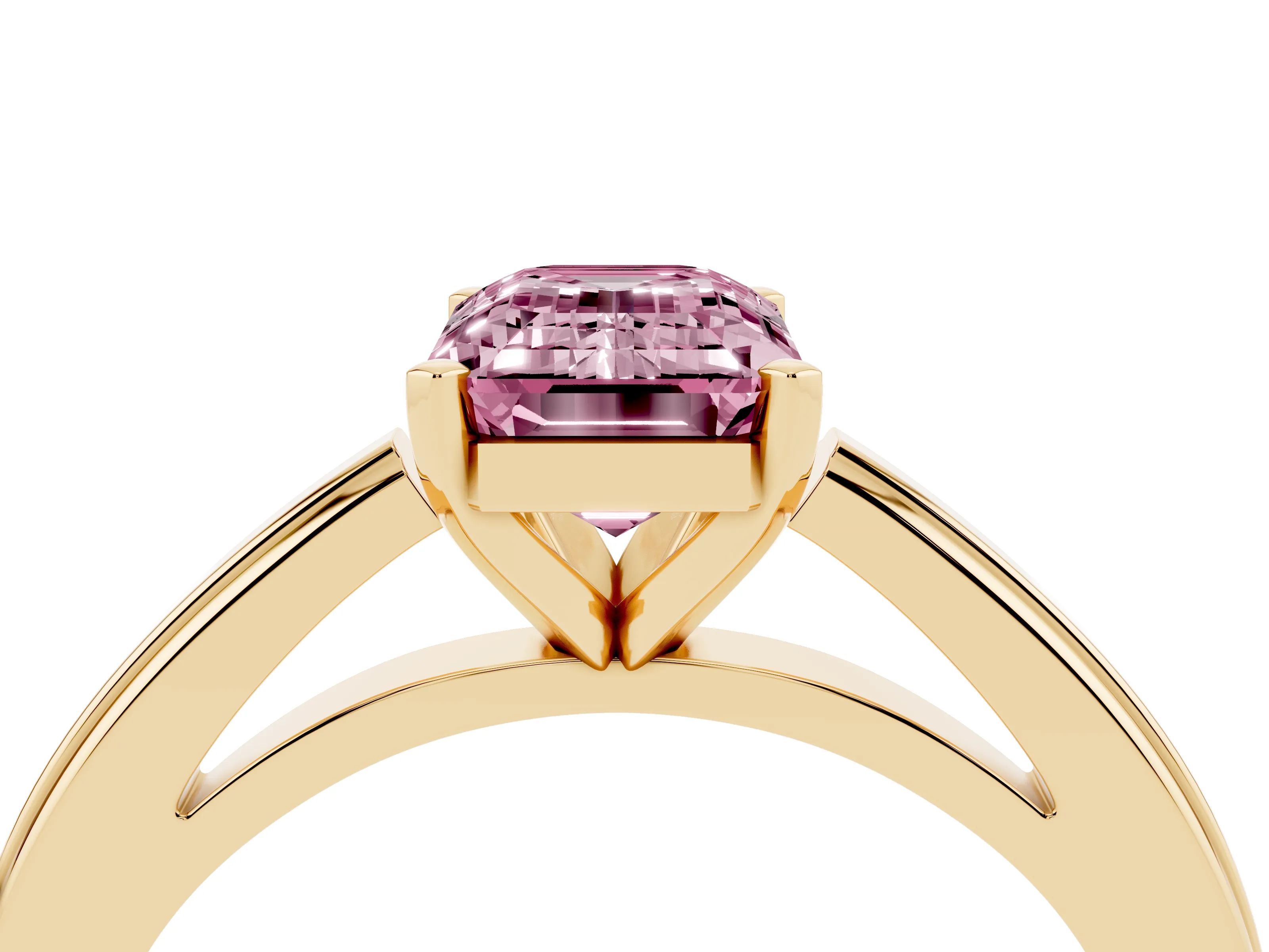 Fancy Pink Emerald Cut Diamond Solitaire Ring Set in Yellow gold with Prong Setting and Classic Band